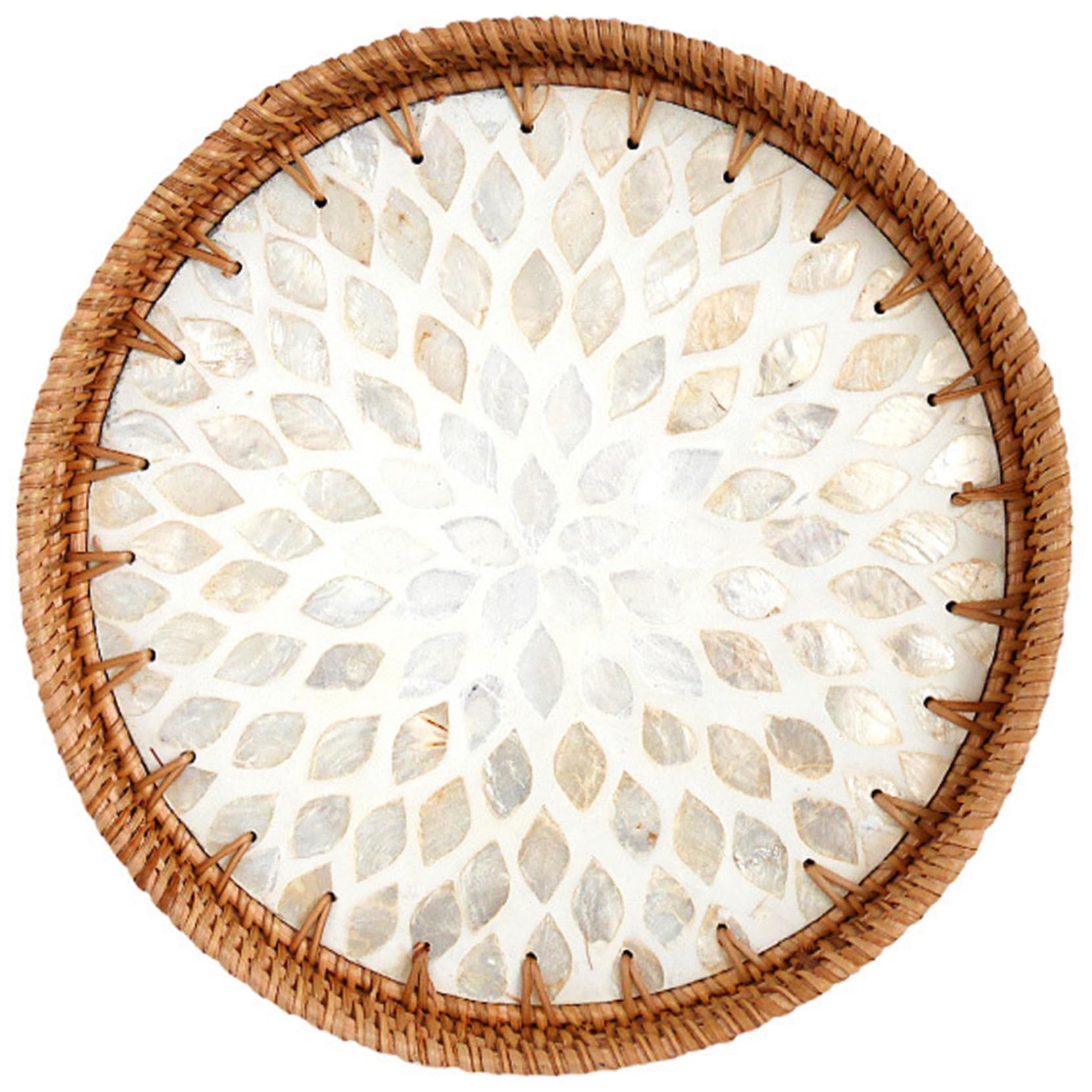 Licsaliwe Wicker Serving Tray - 12" Rustic Wicker Tray with Mother of Pearl Inlay, for Coffee Bread Fruit