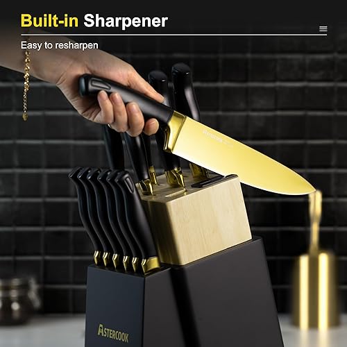 Miniatura 7 de Astercook Juego de cuchillos de cocina de 15 piezas, con revestimiento de titanio dorado saludable, juego de cuchillos de espiga completa con bloque