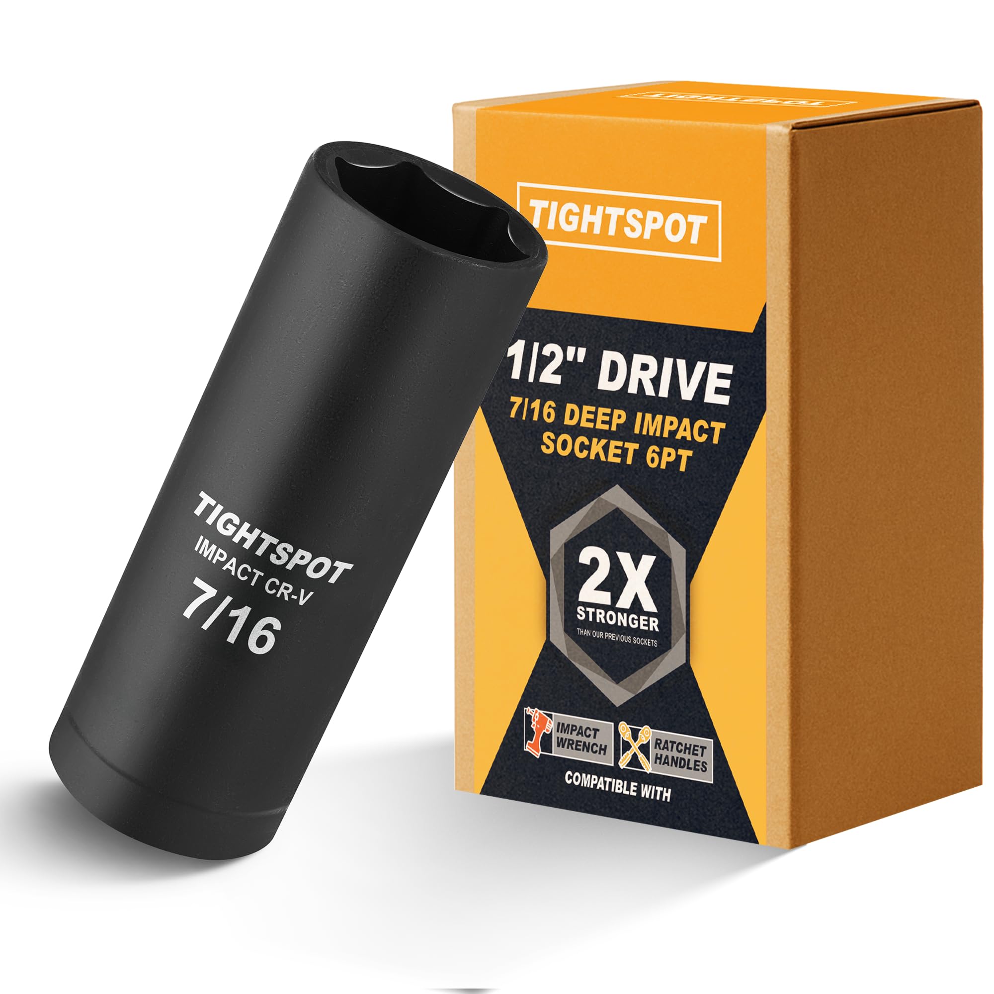 TIGHTSPOT 1/2 Inch Drive 7/16 Inch Deep Impact Socket with Anti-Rounding 6 Point Design, Heat-Treated CRV Steel