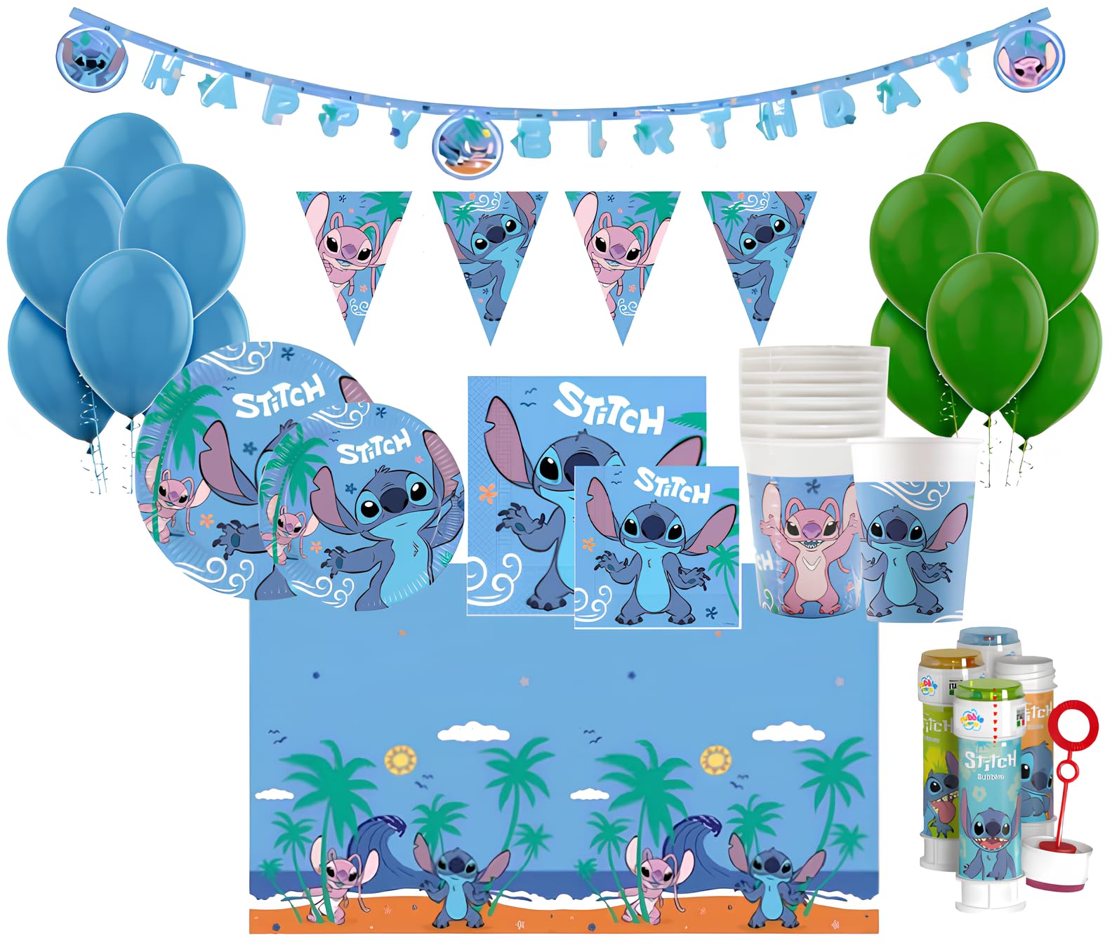 Kit Compleanno Stitch per 24 Persone - Set Festa 119 Pezzi con Piatti, Bicchieri, Tovaglioli, Palloncini, Tovaglia, Festoni, Bolle di Sapone e Decorazioni - Addobbi Tema Stitch per Bambini
