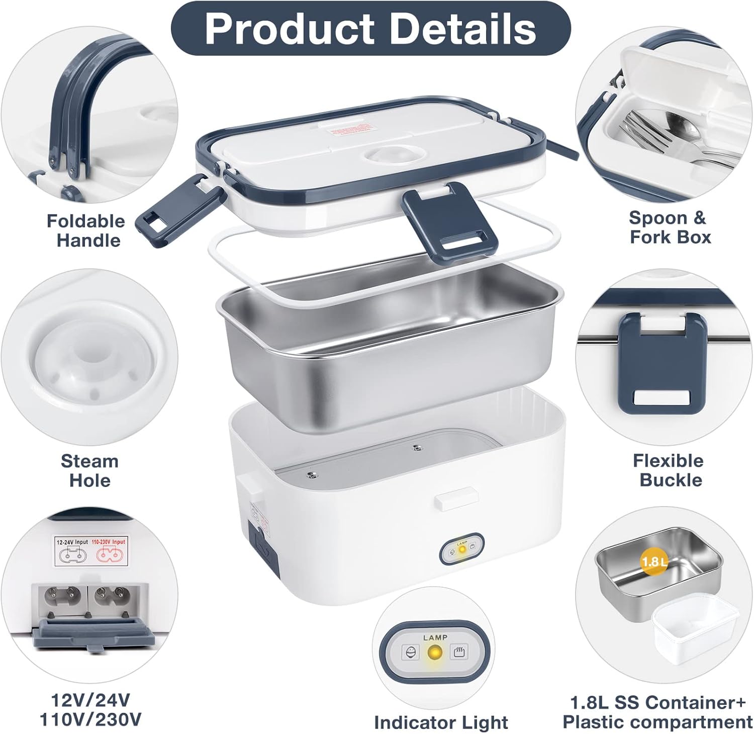 hatisan Electric Lunch Box, Portable Food Warmer, Heated Lunch Box, Lunch Containers Lunch Warmer for Adults, 60W 1.8L 12V-24V 110V 3-in-1 Portable microwave Food Heater (Gray+White)