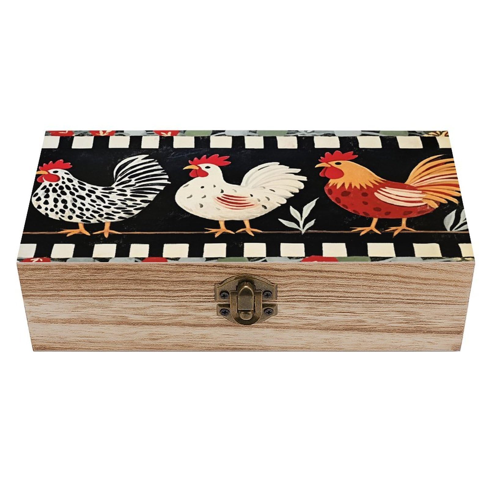 HLBSDM Colorful Chickens Farmhouse Vintage Wooden Keepsake Box with Hinged Lid And Locking Clasp, Decorative Storage Box for Jewelry, Trinkets And Small Accessories, Organizer for Home Or Wedding