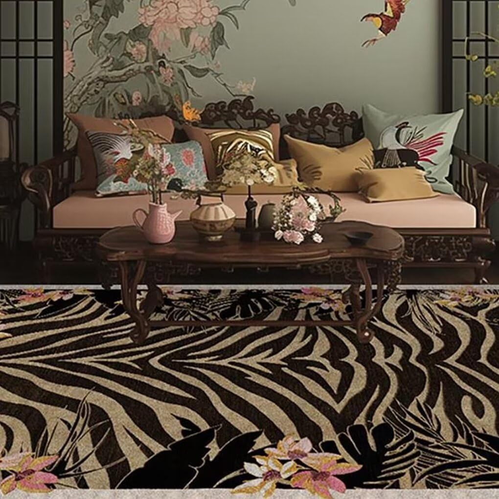 Soyalie Multicolor Western Wildlife Pattern Rugs for Conference Room Non-Slip Vintage Boho Black Tiger Zebra Skin Area Rug Balcony Decor Fashion