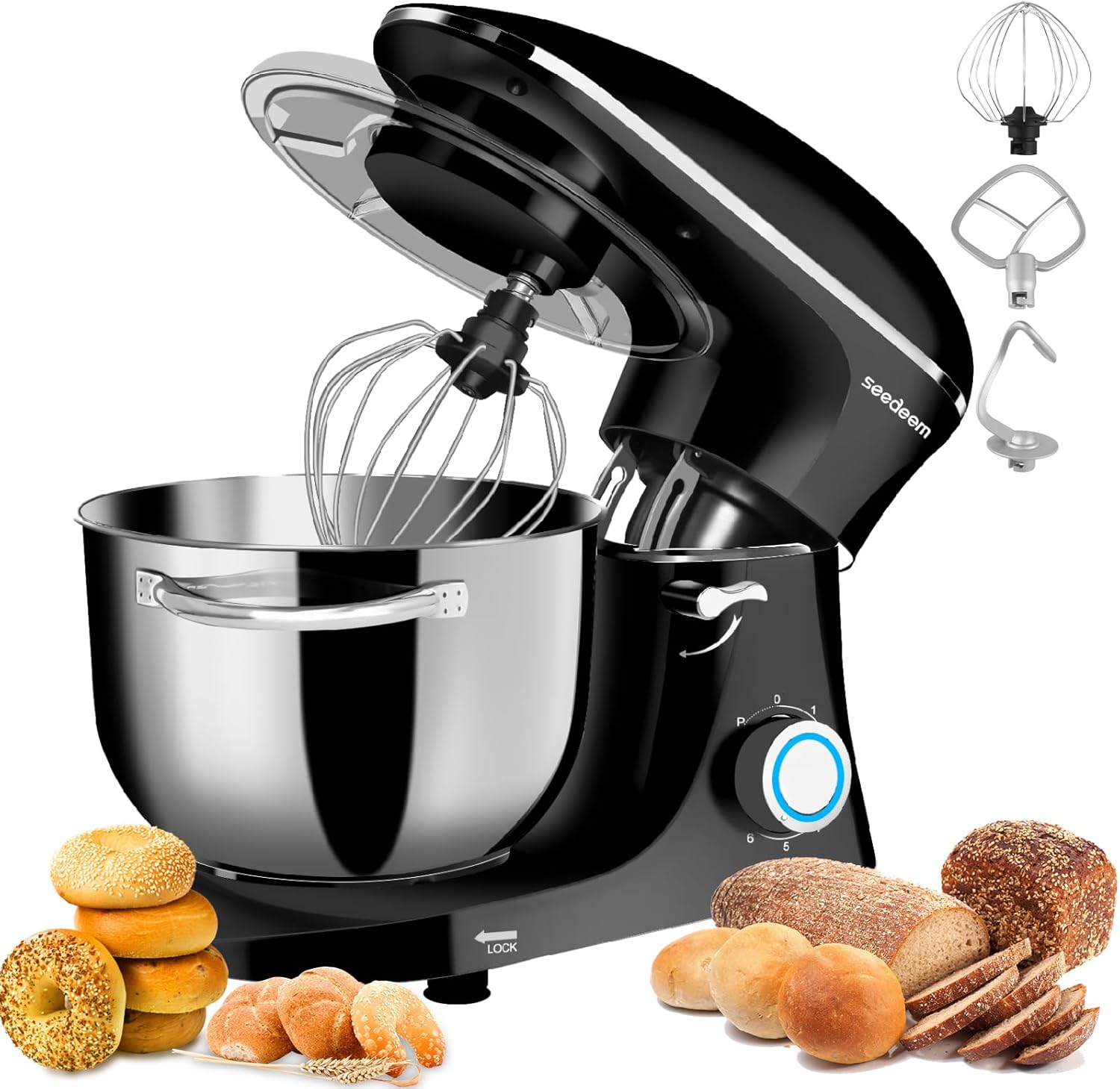 Seedeem 6.5QT Stand Mixer, 660W Tilt-Head Kitchen Electric Mixer with 6 Speeds, Dough Hook, Beater & Whisk, Dishwasher Safe Attachments, Black