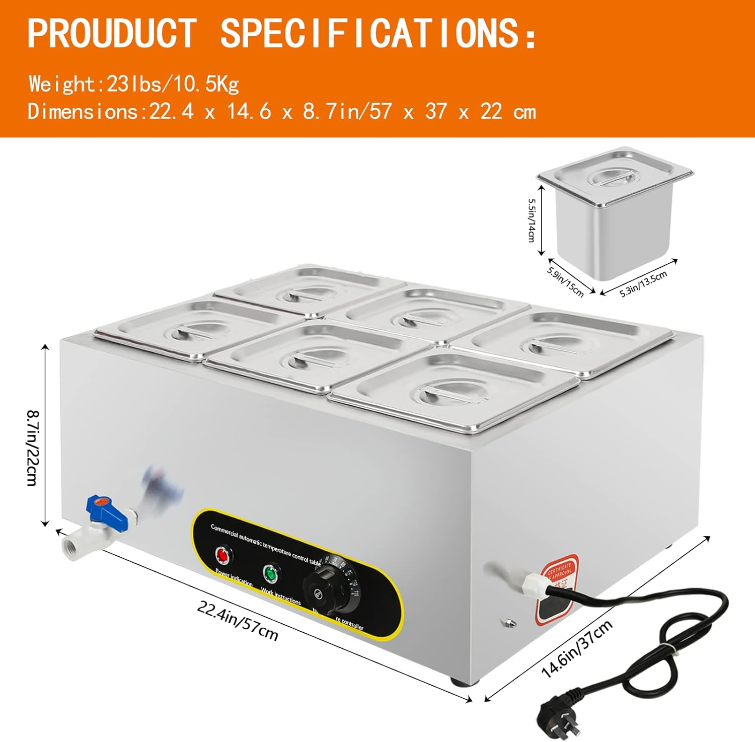 Commercial Food Warmer ajee 110V 6-Pan 1500W Electric Steam Table Stainless Steel Bain Marie Buffet 15.4 Qt Capacity with Temperature Control & Tap for Parties, Banquet and Catering Events: Industrial & Scientific