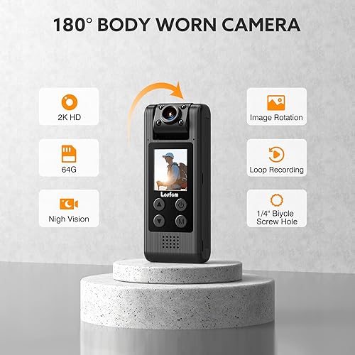 Miniatura 4 de Losfom Z07 2K 64GB Body Worn Camera, 1440P HD Cámara corporal con lente giratoria, cámara montada en el cuerpo con visión nocturna, lente giratoria