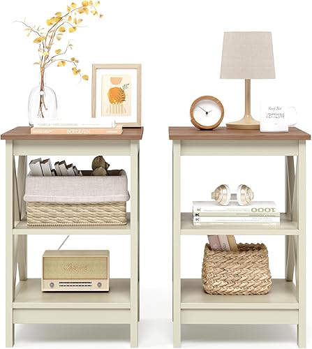 Miniatura 8 de Mesas auxiliares para sala de estar, juego de 2 mesas auxiliares pequeñas de 3 niveles con aspecto de madera moderna con almacenamiento rústico para