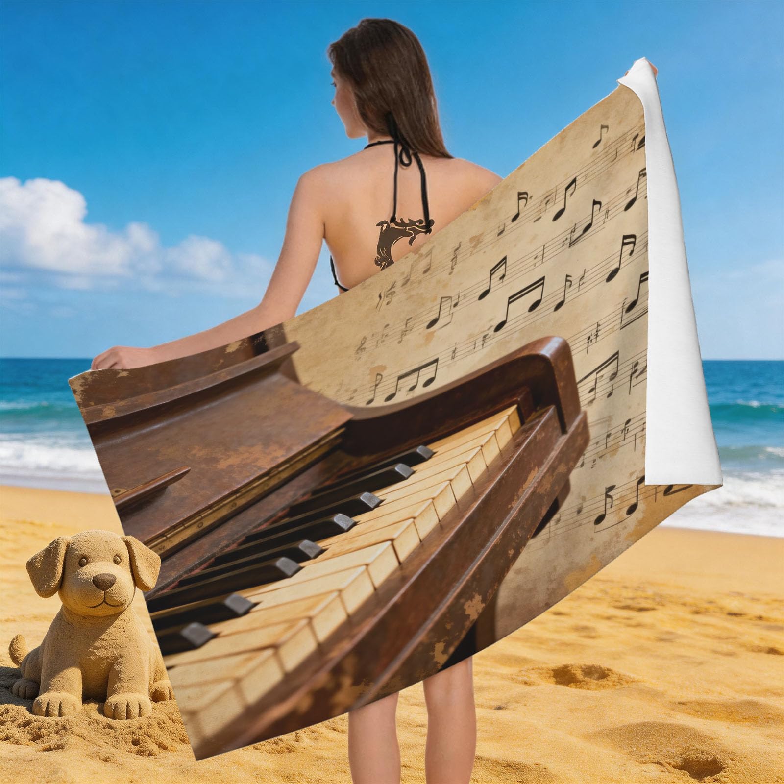Leichong 3D Vintage Piano Beach Towel Large Microfiber Soft Quick Dry for Adults, Retro Styled Bath Towel Lightweight Soft Absorbent for Travel Swimming Pool Sports, 180 x 90 cm