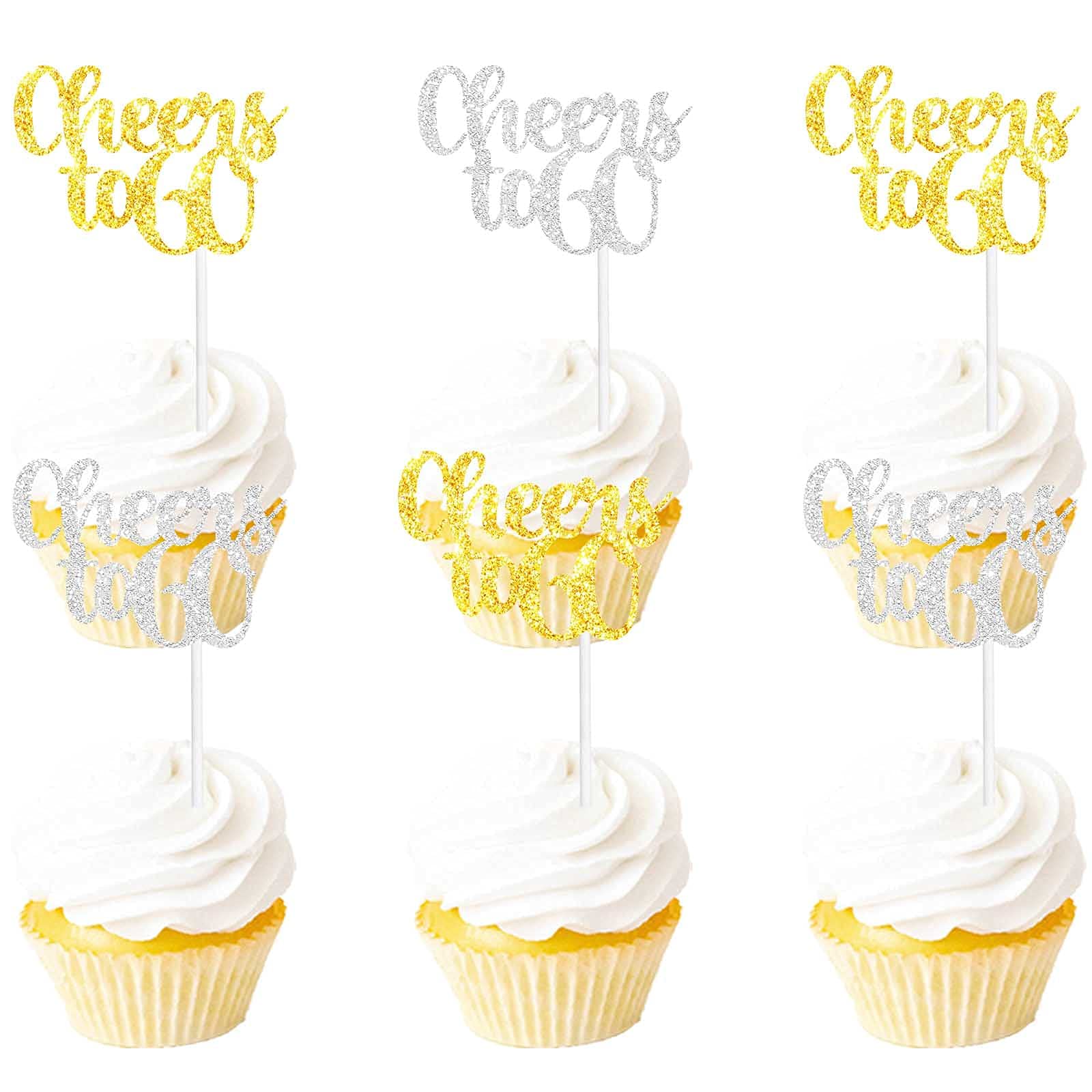 18PCS Cheers to 60 Cupcake Topper Picks for 60th Happy Birthday Wedding Anniversary Celebrating 60 Years Old Cake Dessert Decoration Supplies Gold silver Glitter