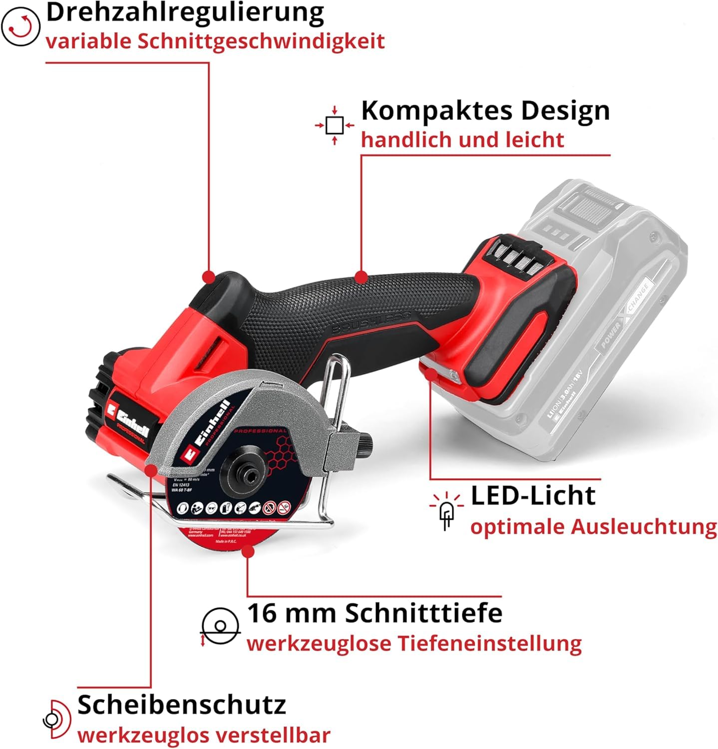 Einhell Professional Akku-Trennschleifer TP-CO 18/76-C Li BL-Solo (18 V, Brushless, 76 mm Scheiben-Ø, 16 mm Schnitttiefe, Tiefeneinstellung, Inkl. 4x Trennscheibe, ohne Akku)