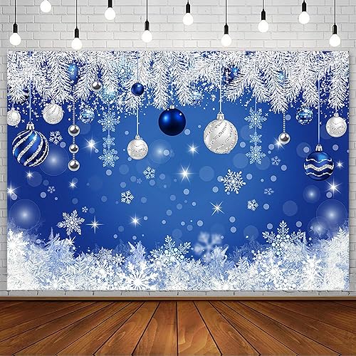 AIBIIN Telón de fondo de Navidad de invierno de 7 x 5 pies para fotografía, campana azul plateada con purpurina, copo de nieve, aguja de pino