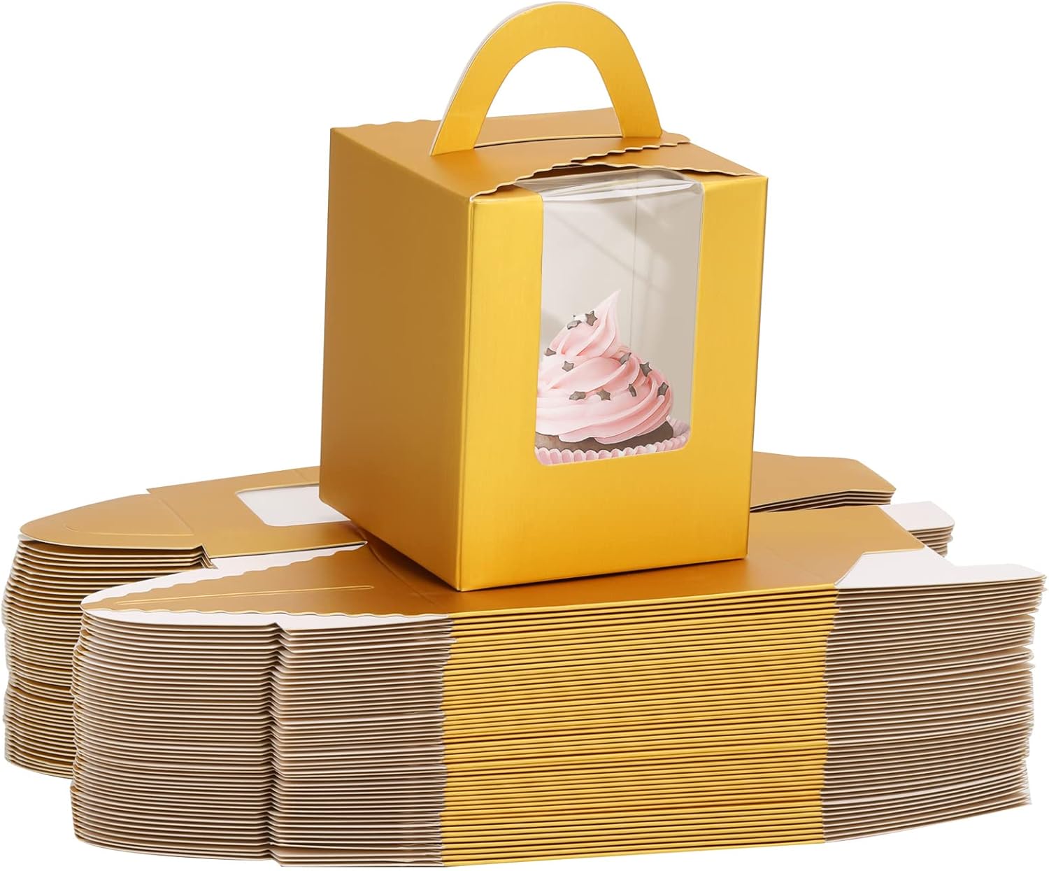 acDesign 100 Pcs Cupcake Holders Individual 3.6in*3.6in*4.3in Cupcake Boxes With Window Handle and Inserts for Bakery Wrapping Party Favor Packing(Gold)