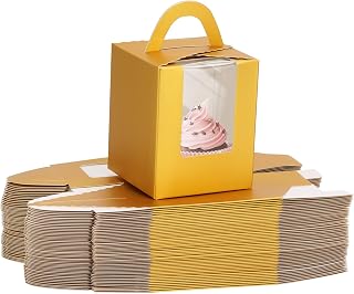 acDesign 100 Pcs Cupcake Holders Individual 3.6in*3.6in*4.3in Cupcake Boxes With Window Handle and Inserts for Bakery Wrapping Party Favor Packing(Gold)