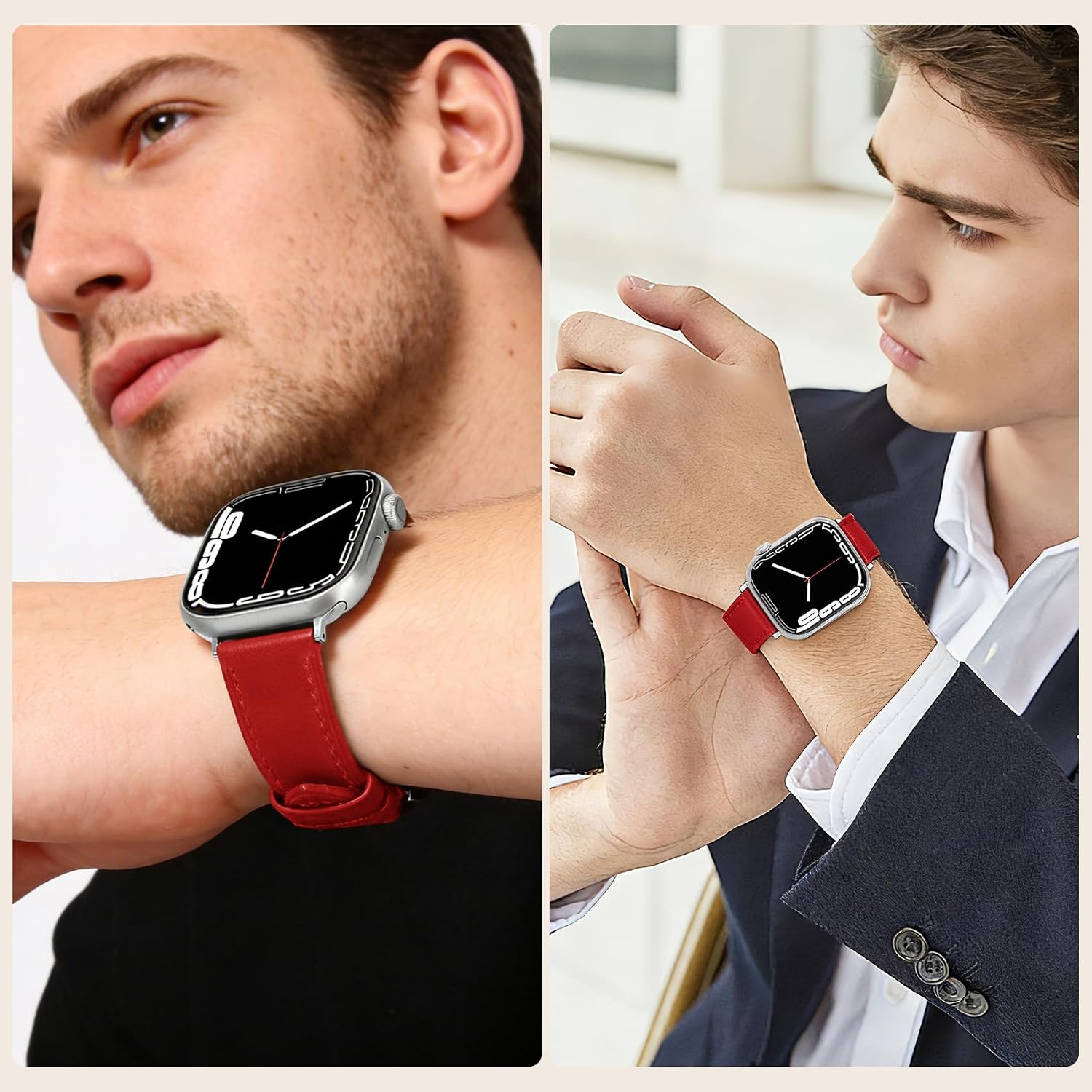 Soft Top-Grain Leather Watch Band Men Women, Compatible with All Apple Watch Series, Breathable, Sweat-Resistant iWatch Strap