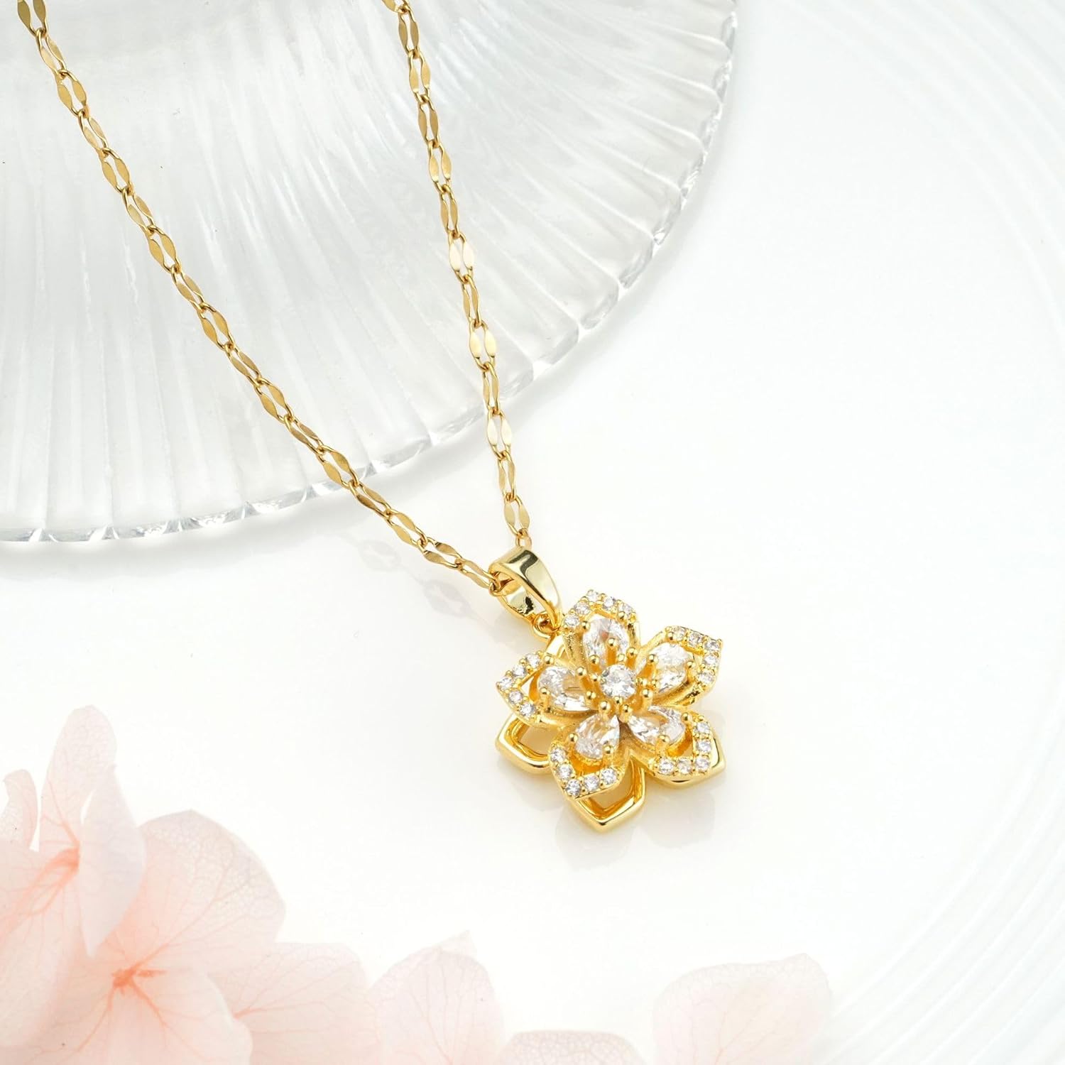 Rotatable Crystal Flower Pendant Necklace for Women Rhinestone Charm Pendant Floral Design Link Chain Necklaces Trendy Exquisite Matching Jewelry - Image 3