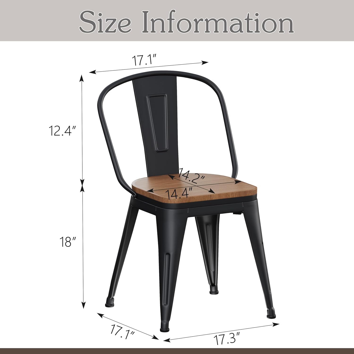 Alunaune 18inch Outdoor Metal Patio Dining Chairs Set of 4 High Back Classic Chic Iron Farmhouse Barstools Industrial Coffee Bar Stools Bistro Cafe Side Chair-Black