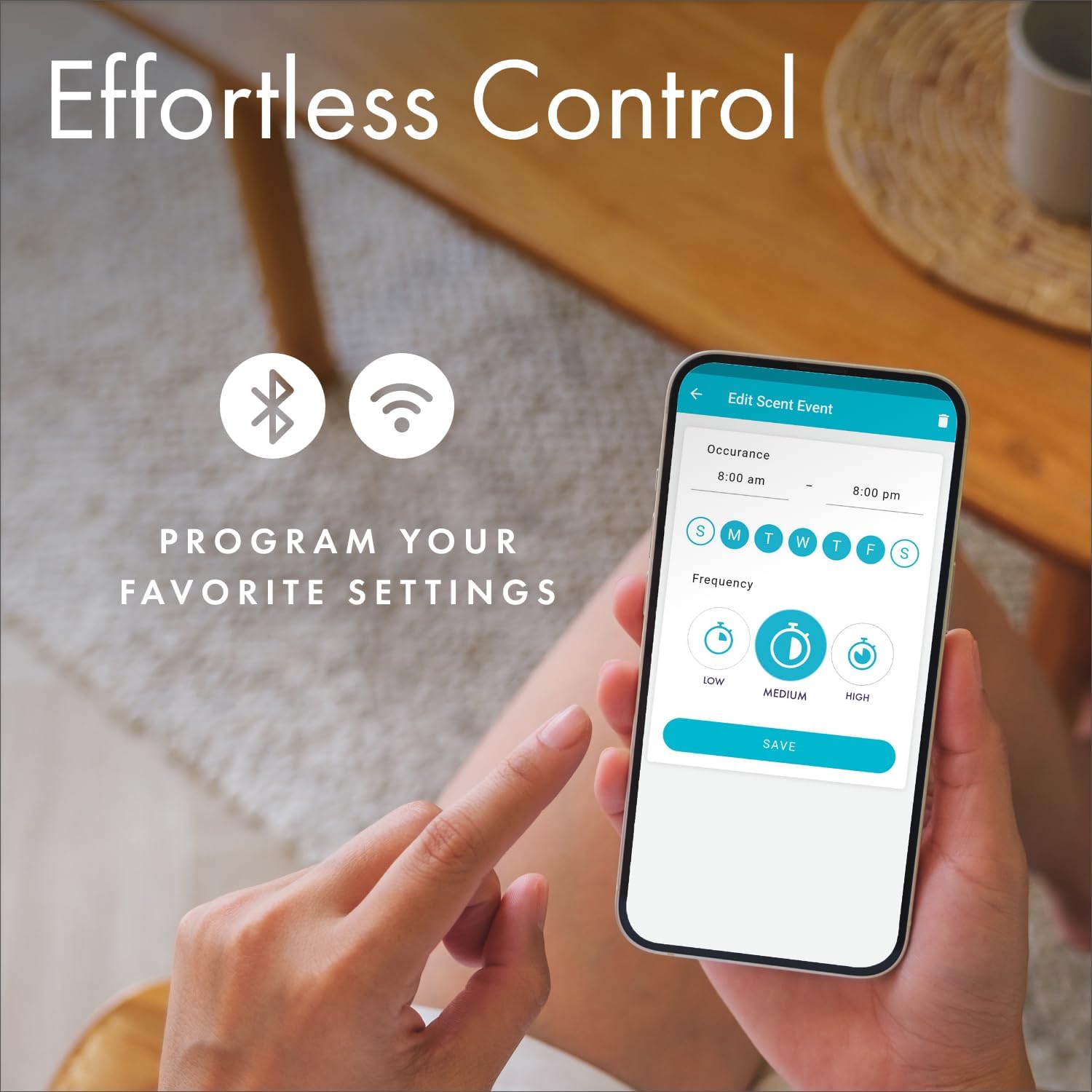 A smartphone screen showing the ScentAir app interface for controlling the diffuser, with options for scheduling and intensity.