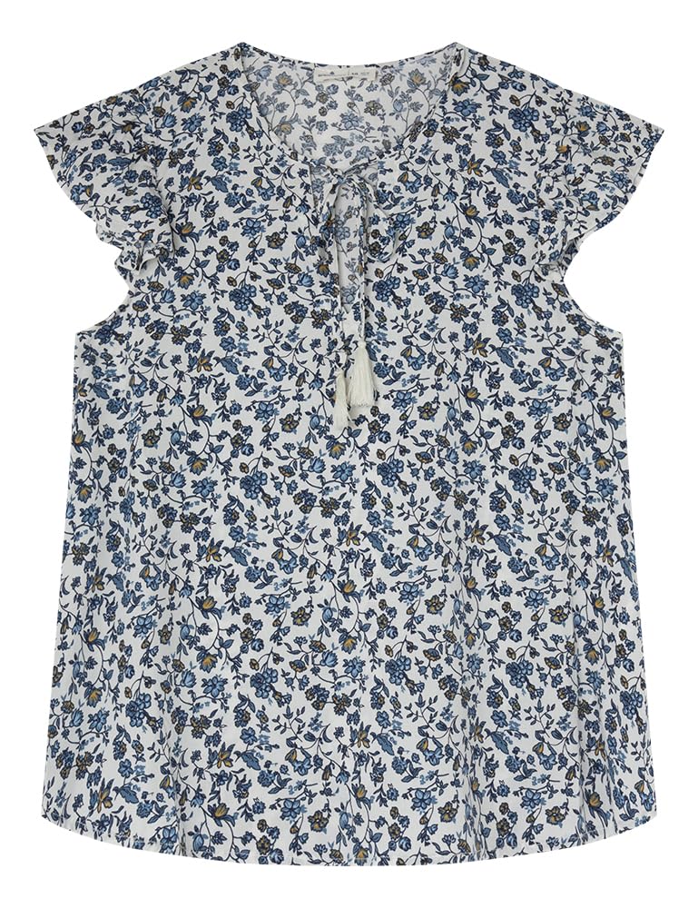 SPRINGFIELD Women's Printed Flowy Cotton Tassel Spaghetti Lace Up Ruffle Sleeve Blouse, Blue Horizon, 8