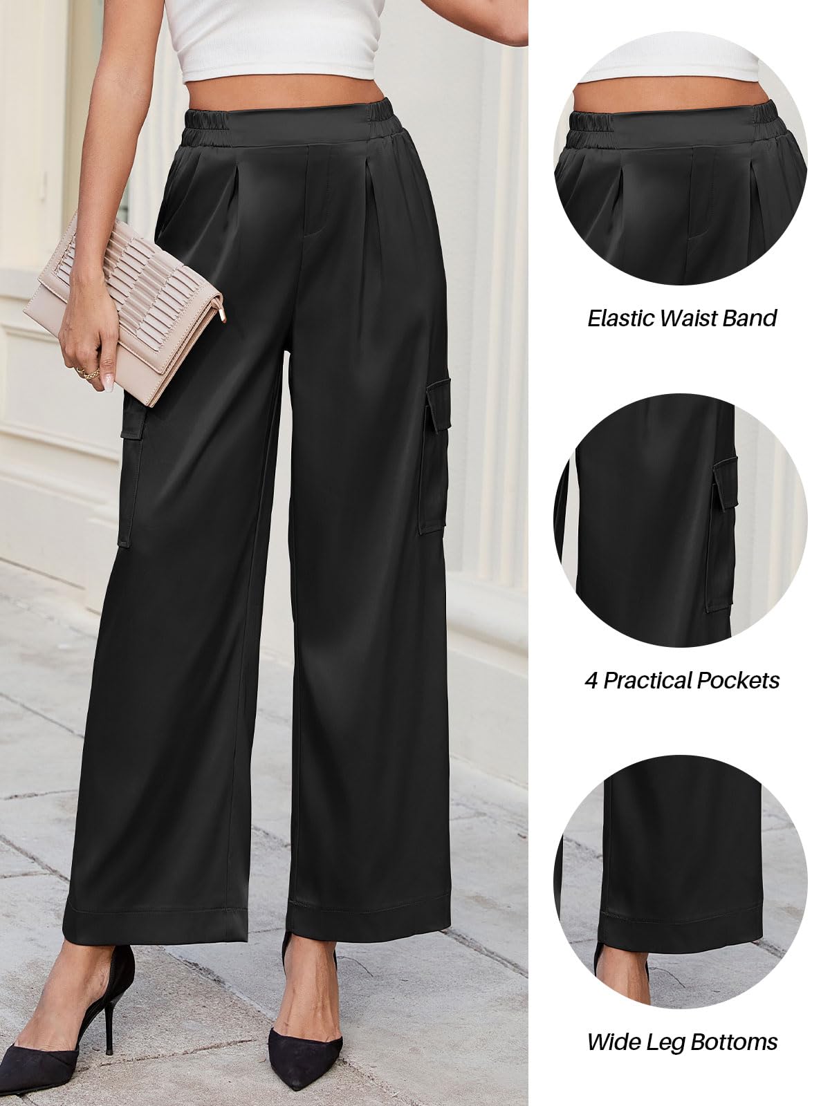 ZAFUL Womens Satin Pants Wide Leg High Waisted Cargo Pants Silky Dressy Casual Slack Trousers