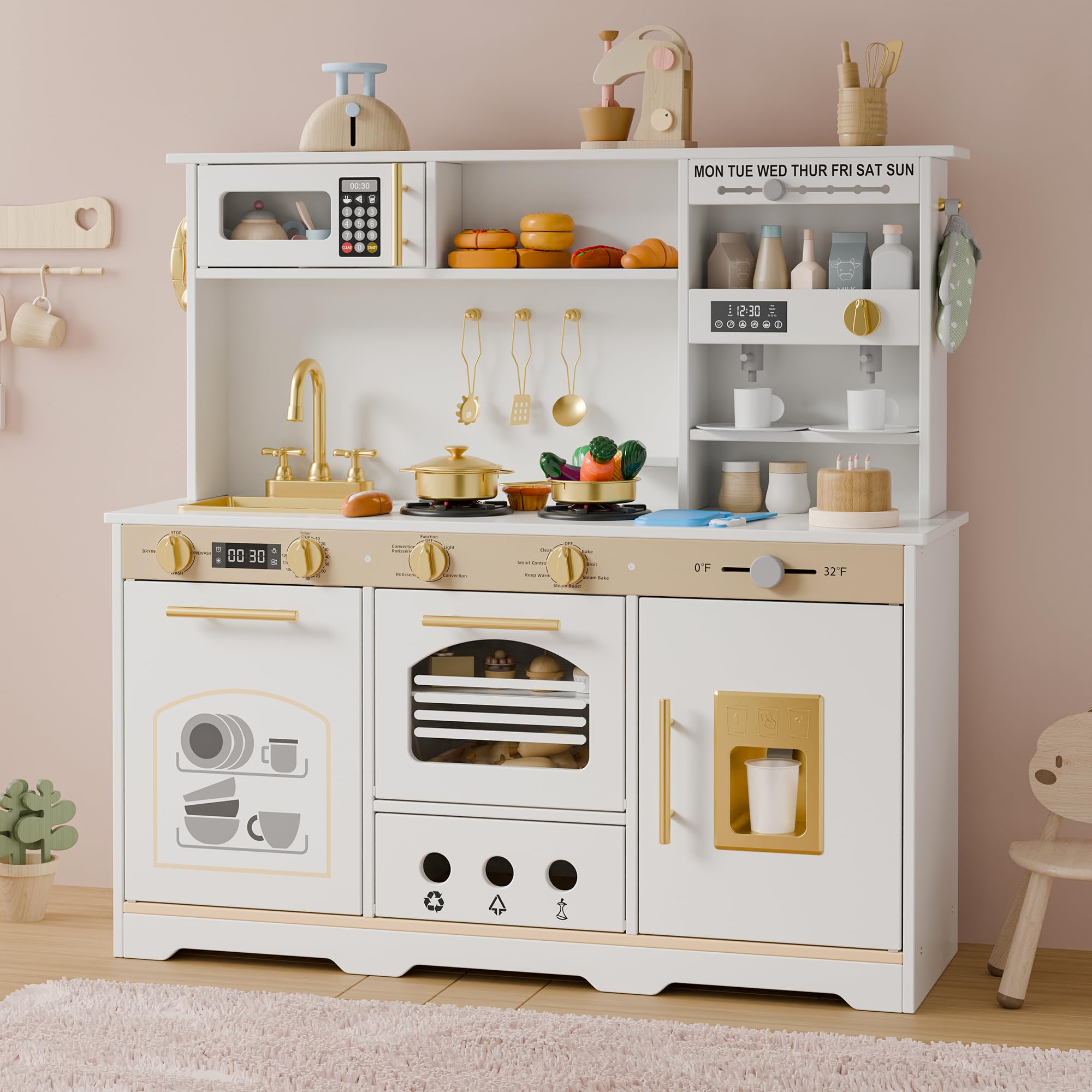Play Kitchen Set, Kids Kitchen Playset with 21 Fun Accessories, Toy Kitchen Set with Realistic Appliances, Smart Storage, Wooden Play Kitchen for Kids, Gift for Ages 3+ (White & Gold)