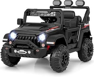 HONEY JOY Ride on Truck, 12V Electric Vehicle for Kids, Shock Suspension, LED Lights & Music, Battery Powered Kids Car to Drive, Off Road Ride On Car, Gift for Boys Girls (Black)