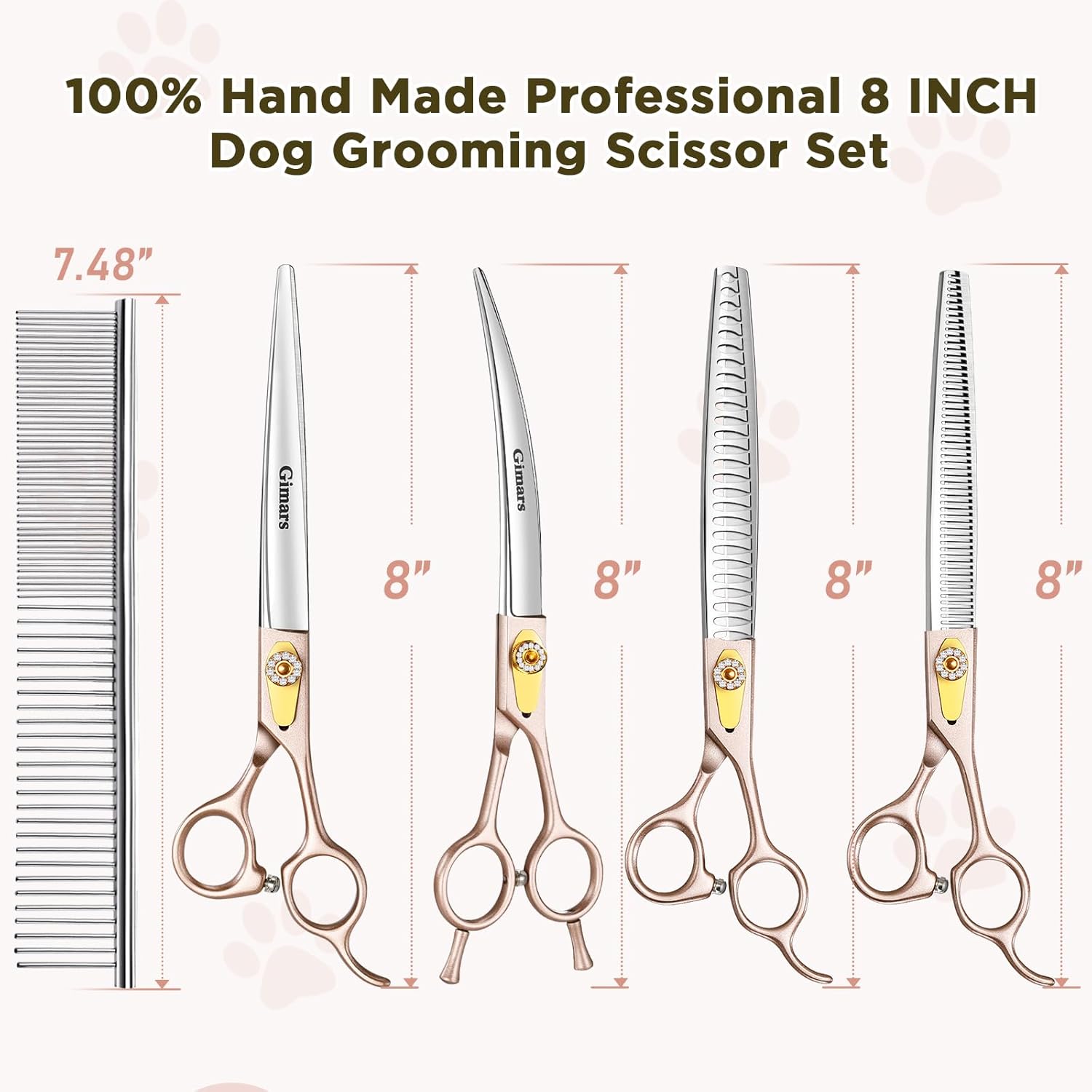 Gimars 8 Inch Professional 440C Stainless Steel Dog Grooming Scissors Heavy Duty 6 In 1 - Straight, Thinning, Chunker, Curved Shears and Comb, Ergonomic Pet Grooming Scissor for Dogs, Cats