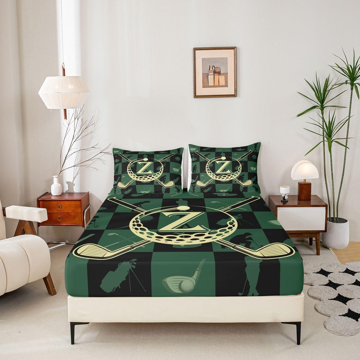 Erosebridal Golf Alphabet Letter Bed Sheets Full Ball Sports Lover Style Fitted Sheet Modern Personalized Initial Z Bedding Set,Monogrammed Golf Plaid Bed Cover 3 Pcs