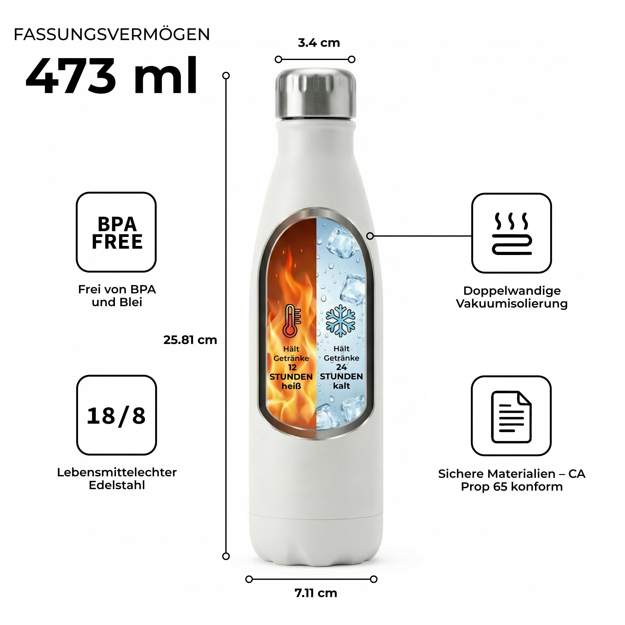Personalisierte Trinkflasche aus Edelstahl, 473 ml, doppelwandig, BPA-frei, mit deinem Foto, Logo oder Text, 50er-Pack, Chrom/Weiß, Thermoflasche für Arbeit, Events und Unternehmen