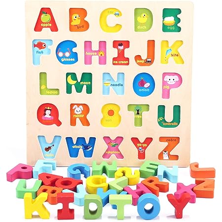 Amazon Hwd 木製数字とアルファベットパズル レター 大文字ペグボード並べ替えabcdブロックマッチングゲームモンテッソーリ ジグソーパズル知育学習教育玩具ギフト用 幼児ベビーキッズ 大文字 木製パズル おもちゃ