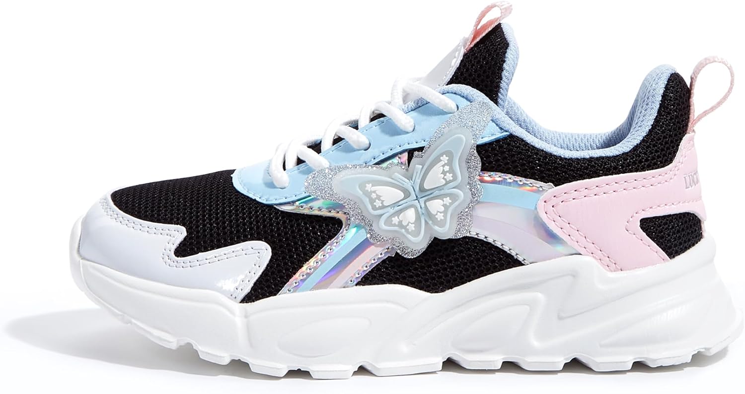 LUCKY STEP Girls Kid's Butterfly Running Sneaker Tennis Sparkle Mesh Athletic School Gym Lace-up Walking Shoes for Toddler/Little Kid/Big Kid