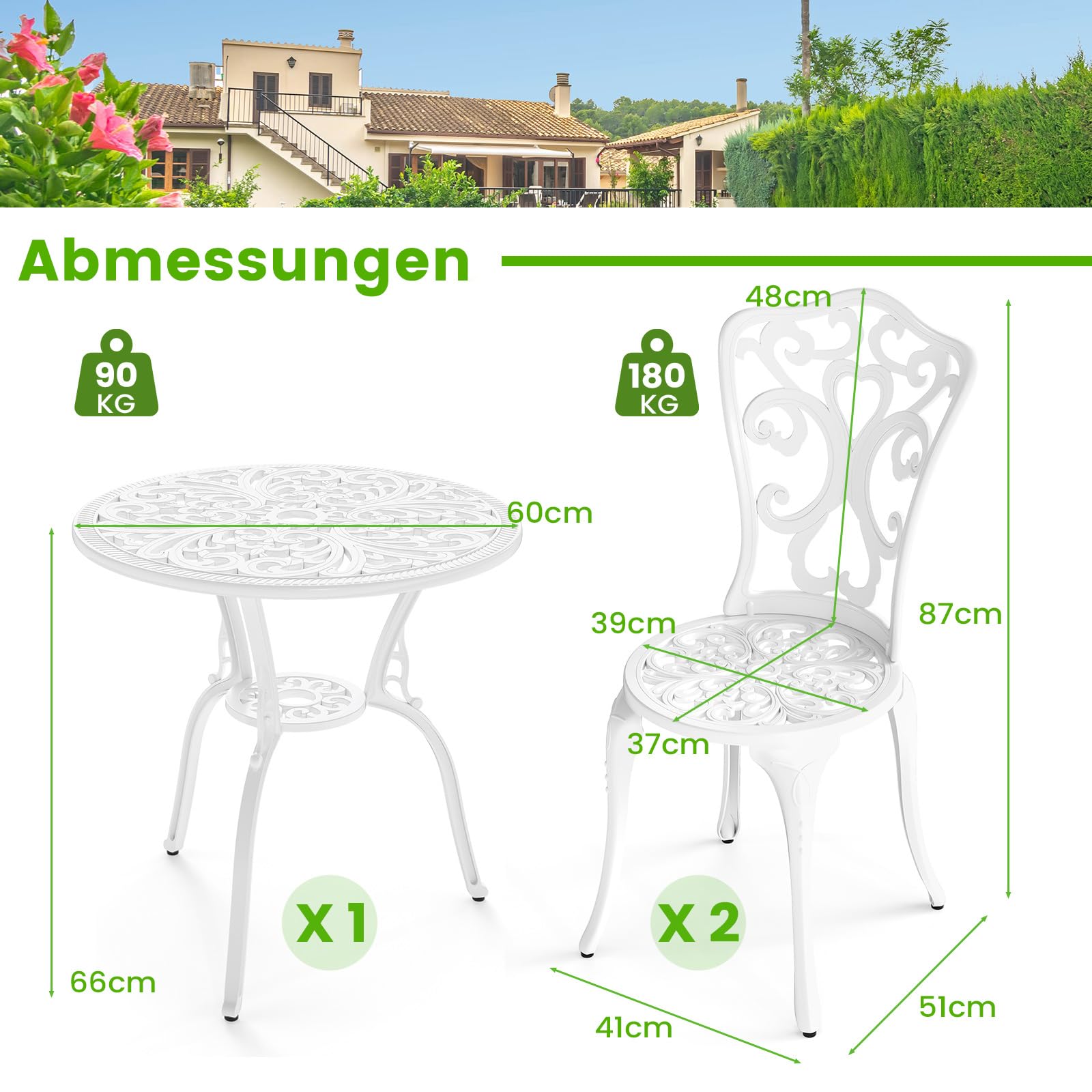 COSTWAY Bistroset 3-teilig, Bistrotisch mit 2 Stühle & Schirmloch, Gartenmöbel Set, Balkonmöbel aus Aluminiumguss, Balkonset, Gartengarnitur, Sitzgruppe für Garten, Terrasse, Balkon