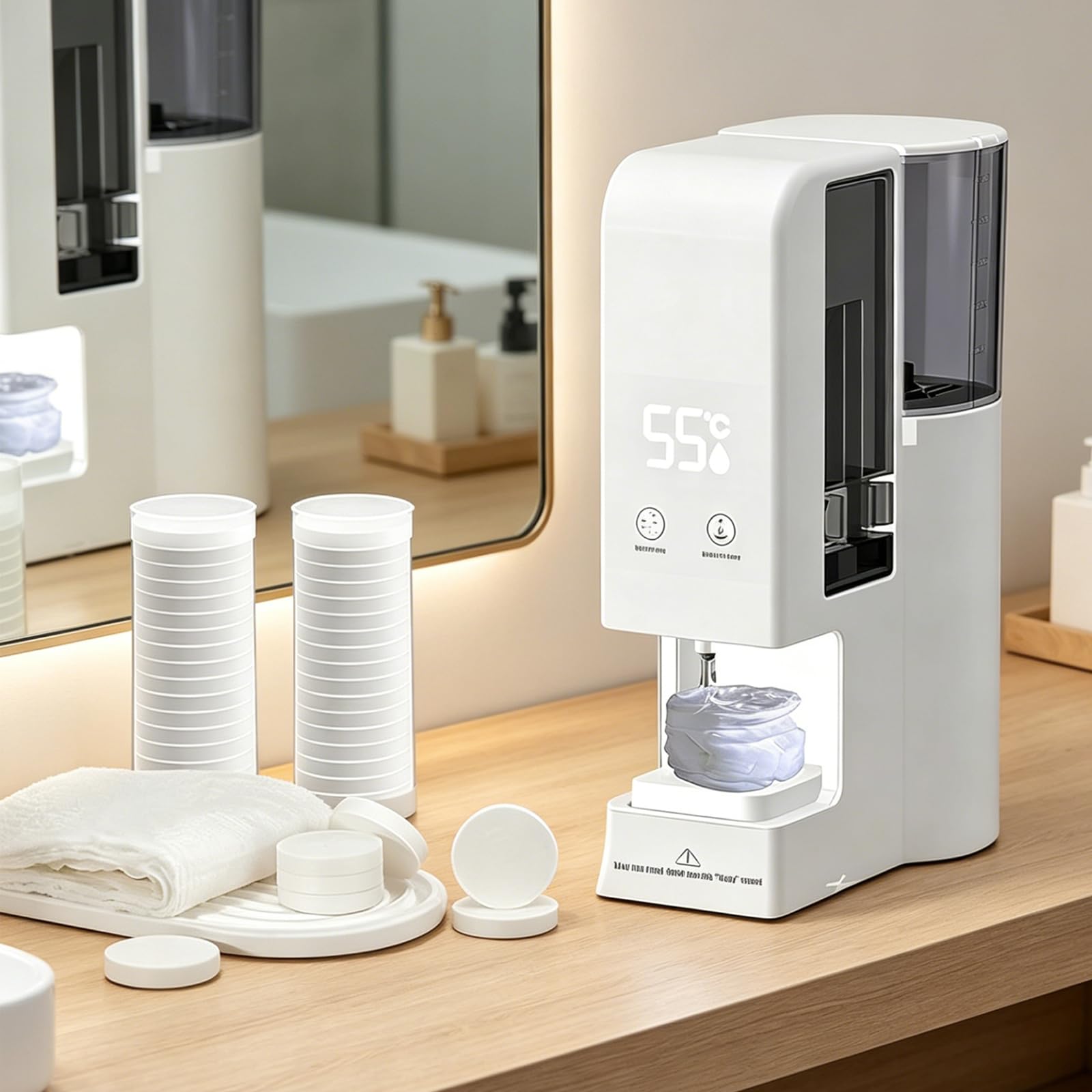 QYLTTDM Smart Hot Towel Dispenser, with Steam & 40pcs Soft Disposable Compressed Towels, 55°C Constant Temperature, 3-Second Smart Disposable Towel Warmer, Intelligent Temperature Control