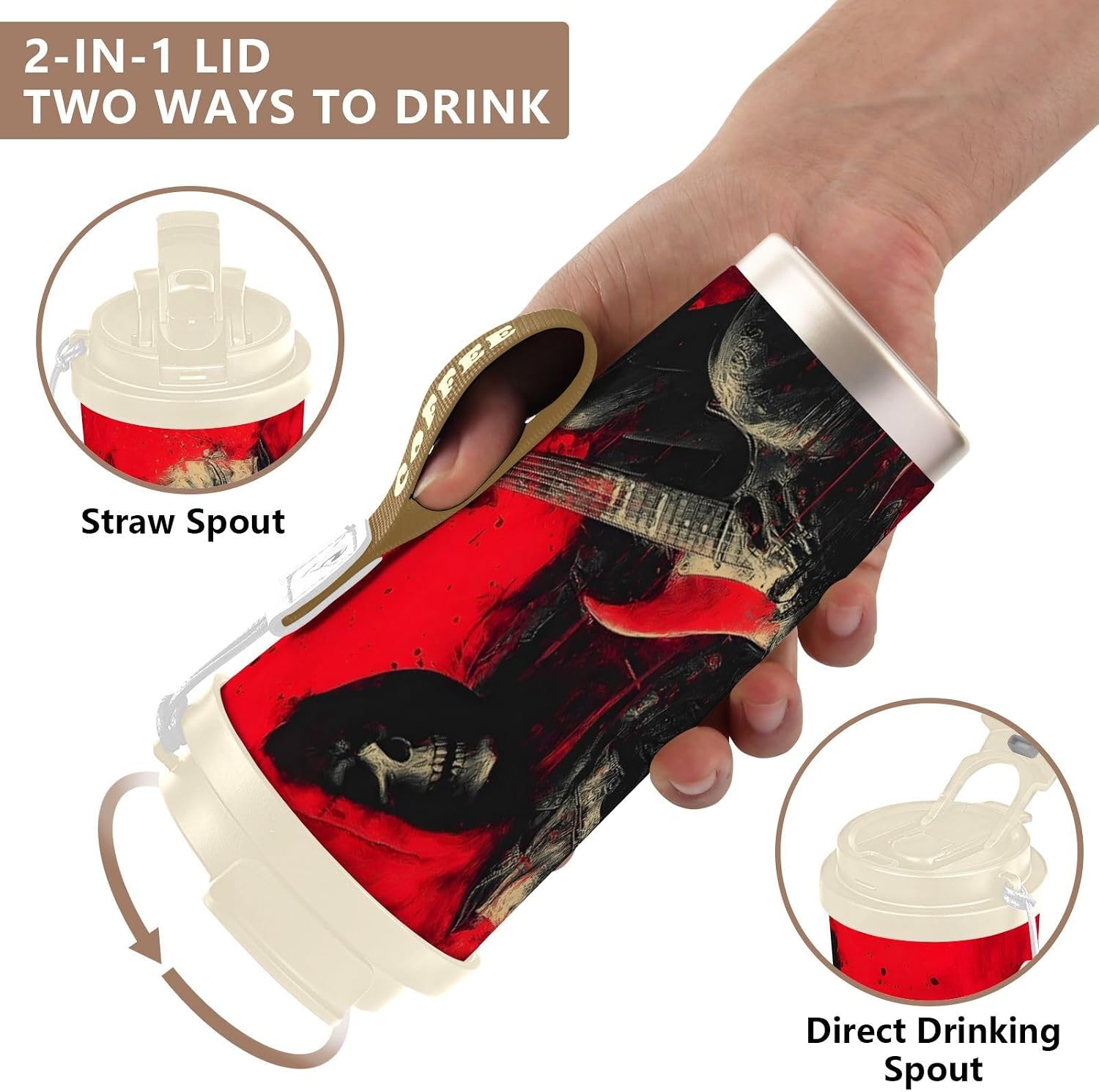 Skeleton Guitar Hoodle Insulated Coffee Mug with Straw & Flip Lid, 16.9oz Iced Tumbler Cup, Double Wall Vacuum Leak-Proof Mug for Travel Office