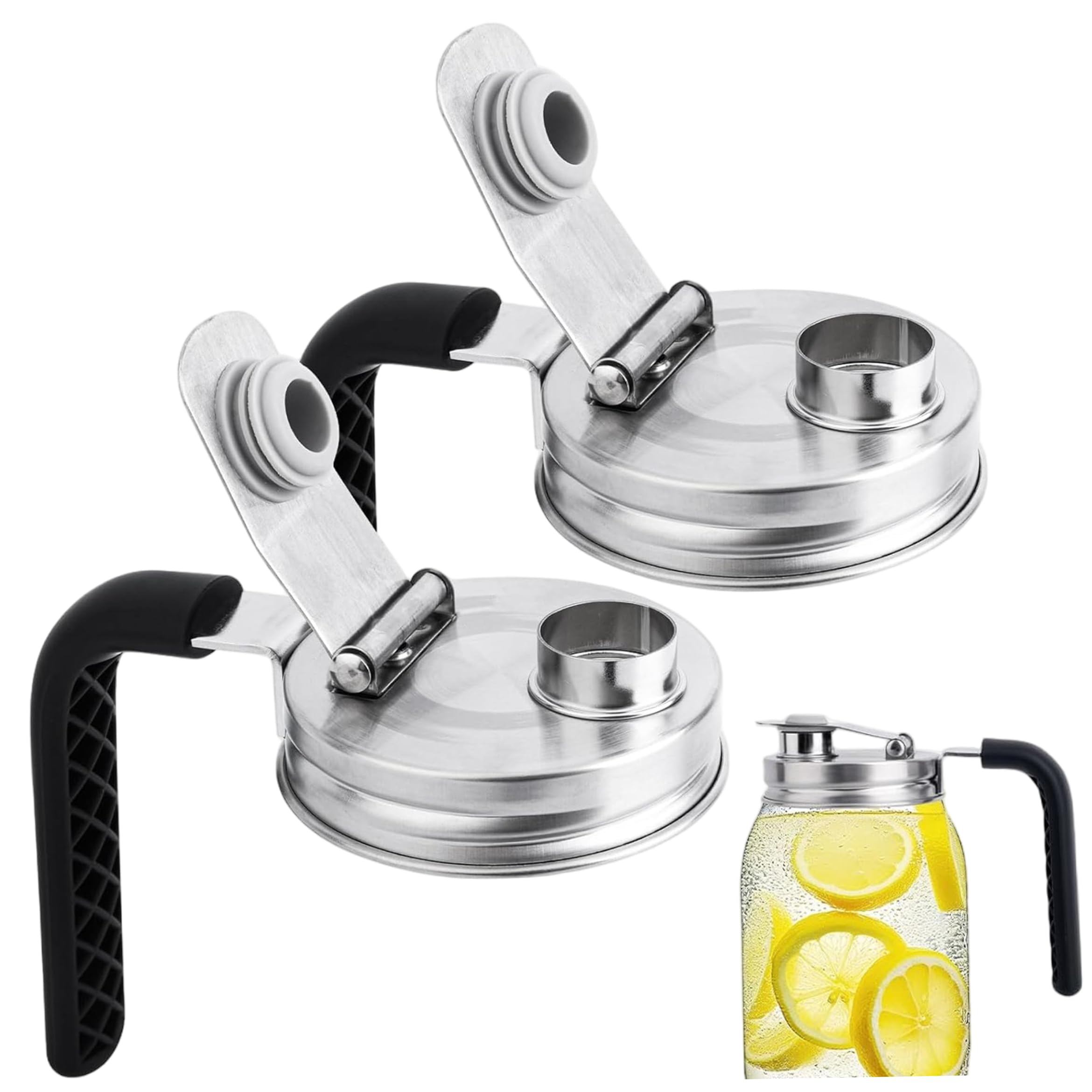 Mason Jar Pitcher Lid, 2Pcs Stainless Steel Wide Mouth Mason Jar Pour Spout Lid with Handle, Airtight Seal for Beverage Storage, Silver, 3.39Inch | Pour Spout