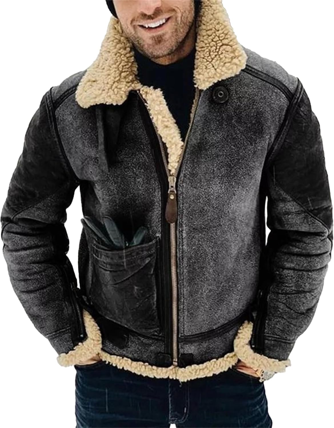 Mens Lapel Faux Fur Collar Thicken Bomber Overcoat Vintage Thicken Fuzzy Leather Jacket Winter Warm Coat
