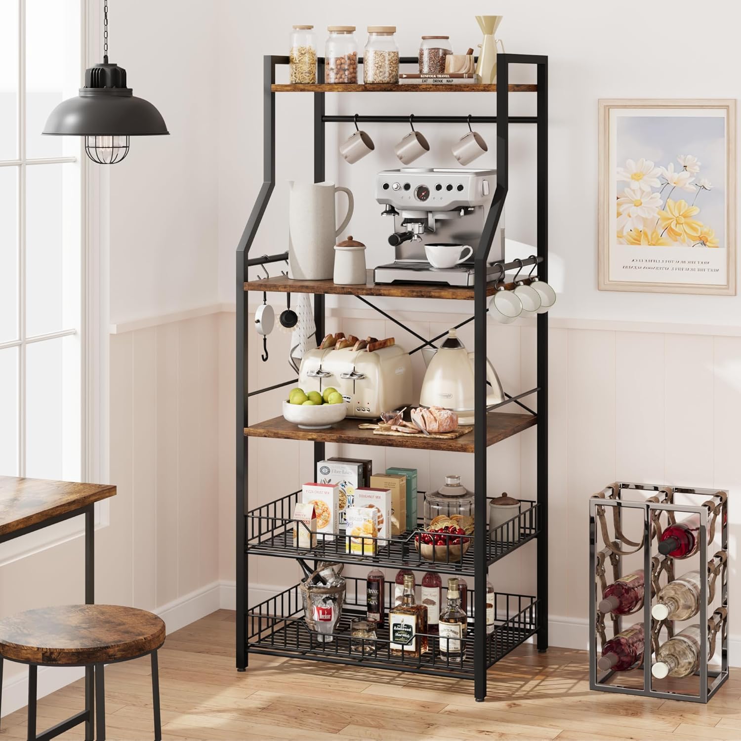 Garvee Mueble microondas Cocina con Gran Capacidad,Estantería 5 Niveles para Microondas de Cocina,con 6 Ganchos para Especias y Organizador de Ollas,60 * 40 * 146 cm(Marrón)