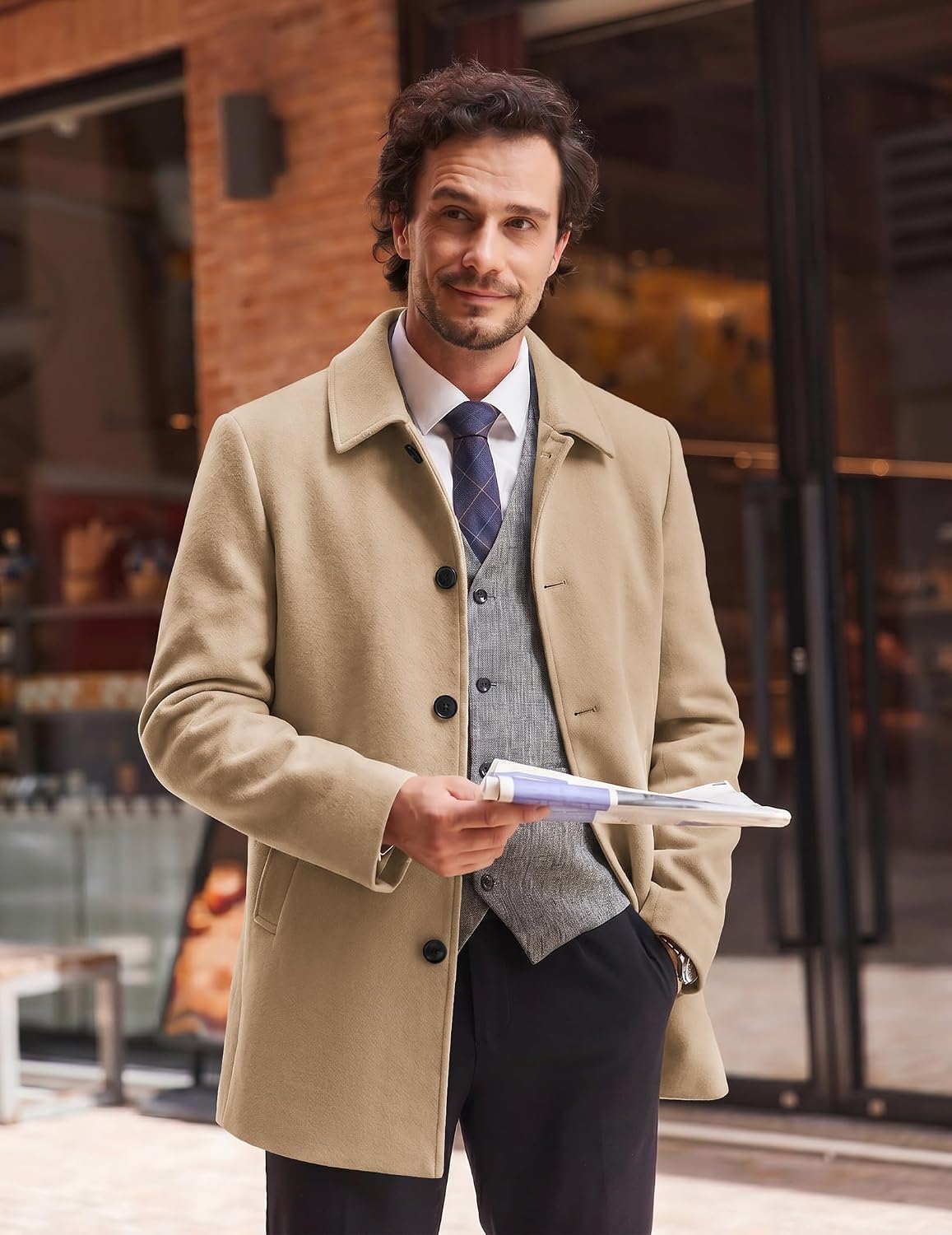 COOFANDY Mens Pea Coat Slim Fit Winter Overcoat Mid Length Trench Coat image 3