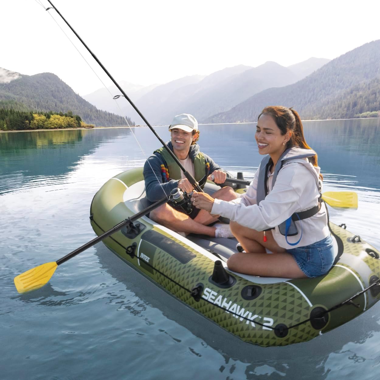 INTEX Seahawk Inflatable Boat Series: Includes Boat Oars and High-Output Pump - Fishing Rod Holders - Gear Pouch