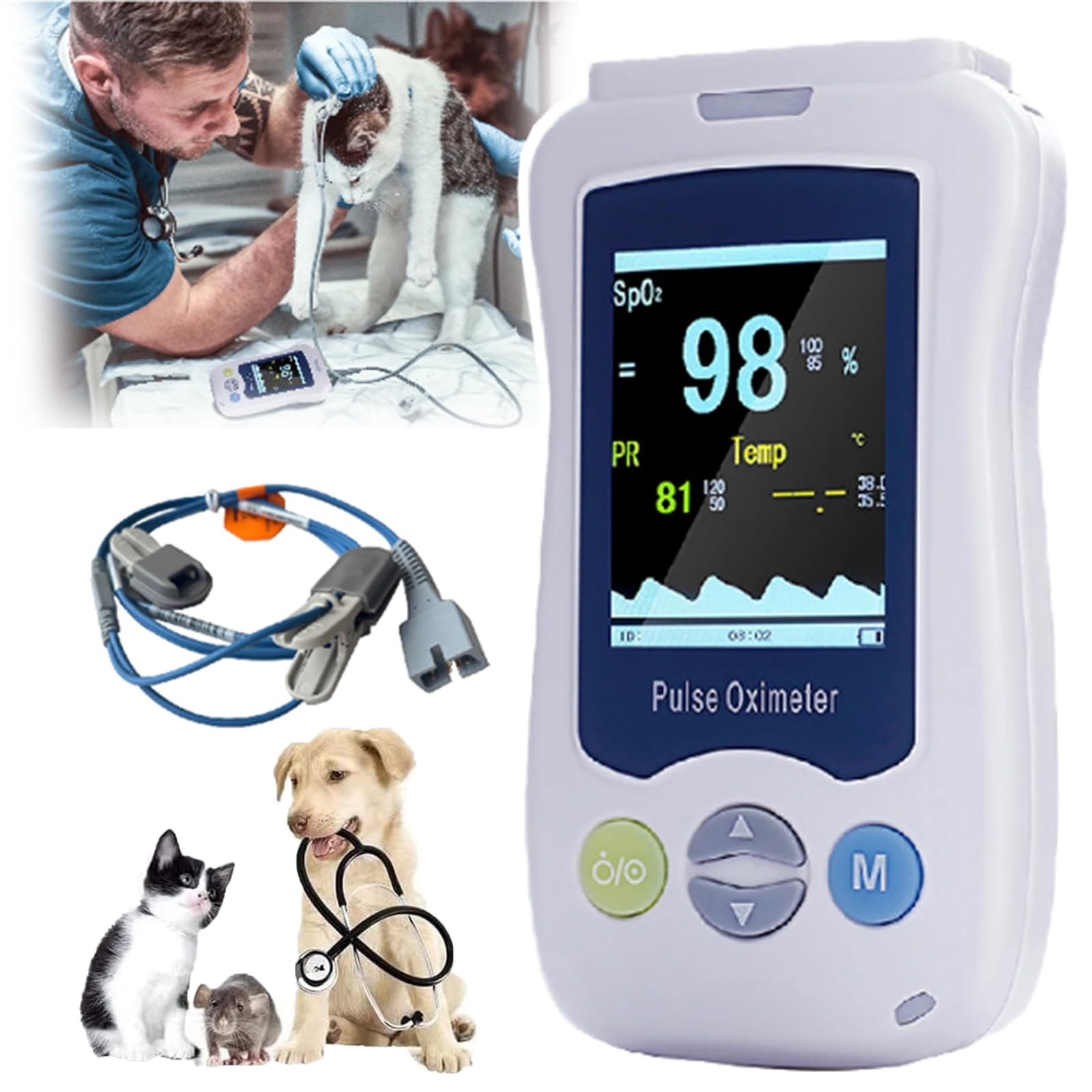 Oxímetro De Pulso Veterinario - Pantalla De 2,4 Pulgadas,Mide Spo2,Frecuencia CardíAca Y Monitoreo De Temperatura Pulso Para Uso Veterinario,Sensor De Spo2 De OíDo/Lengua,Para Gatos,Perros