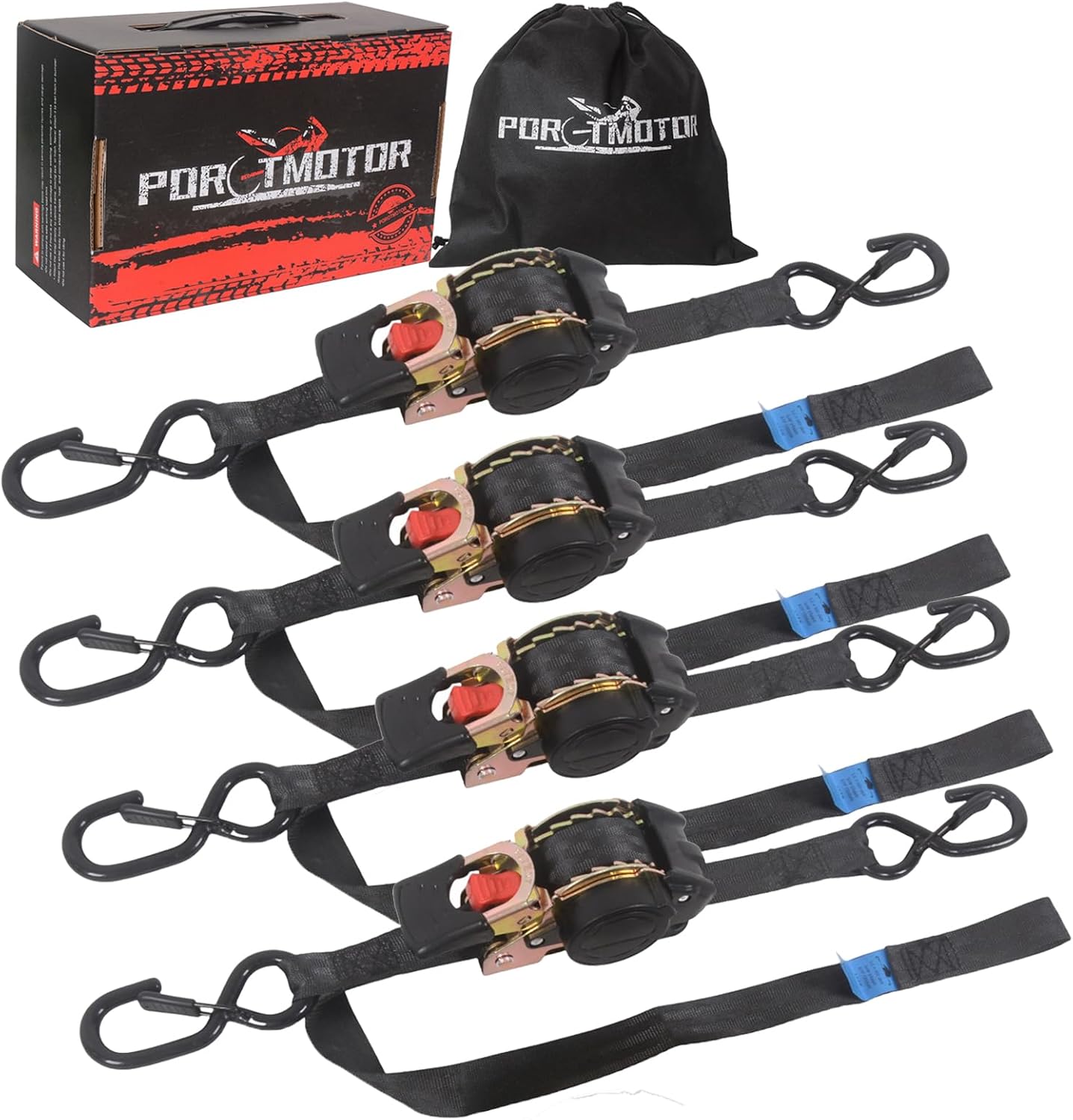 Retractable Ratchet Straps with Built-in Soft Loop, 1 Inch x 10 Feet Self Retracting Straps for Cargo, Truck, Motorcycle, ATV (4 Pack, with Storge Bag)