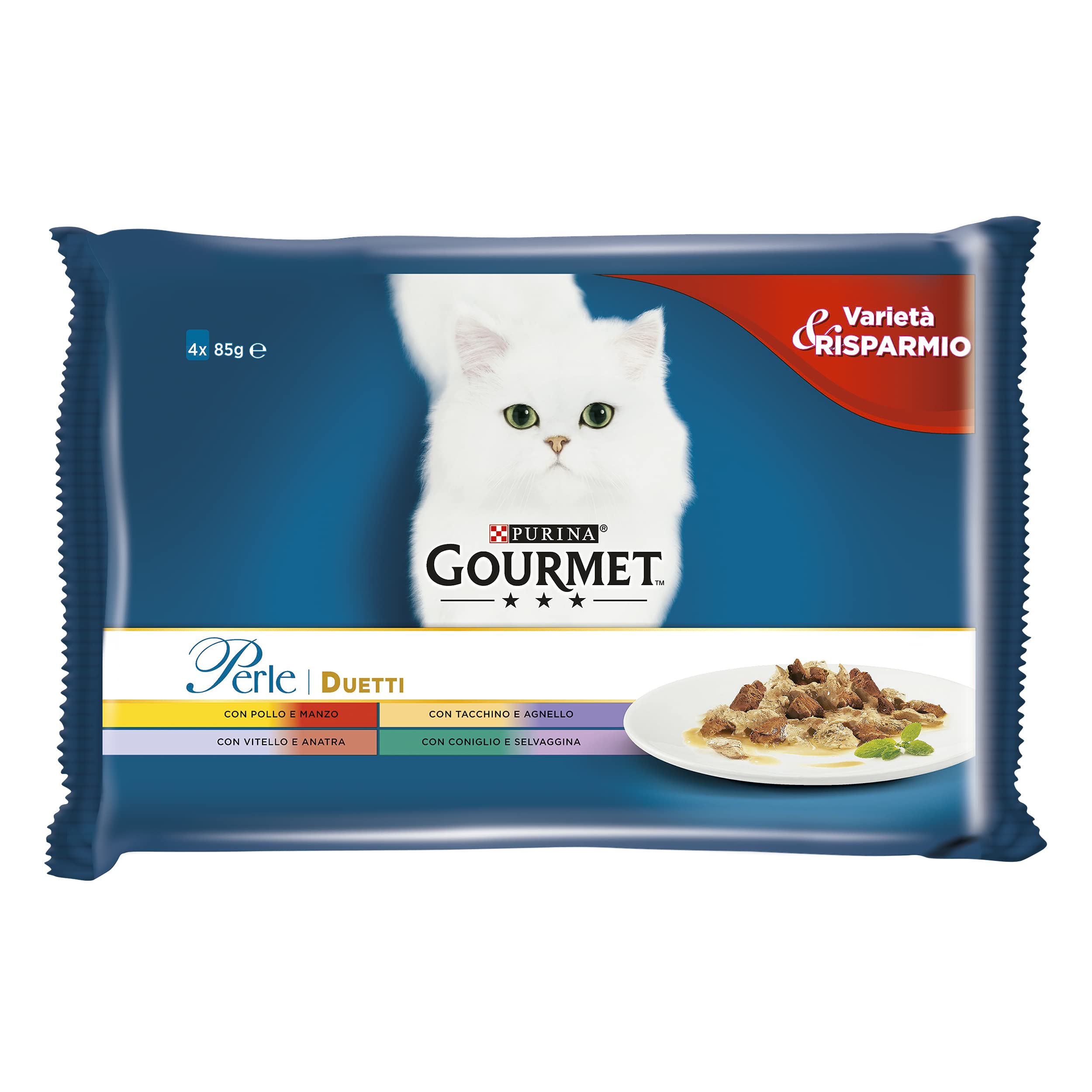 Purina Gourmet Perle Humidas Gato Duetti con Carnes Delicadas con Carne y Pollo, Tacchino y Cordero, Ternero y Pato, Conejo y Selvaggina - 48 Sobres de 85 g Cada uno (12 Paquetes de 4 x 85 g)
