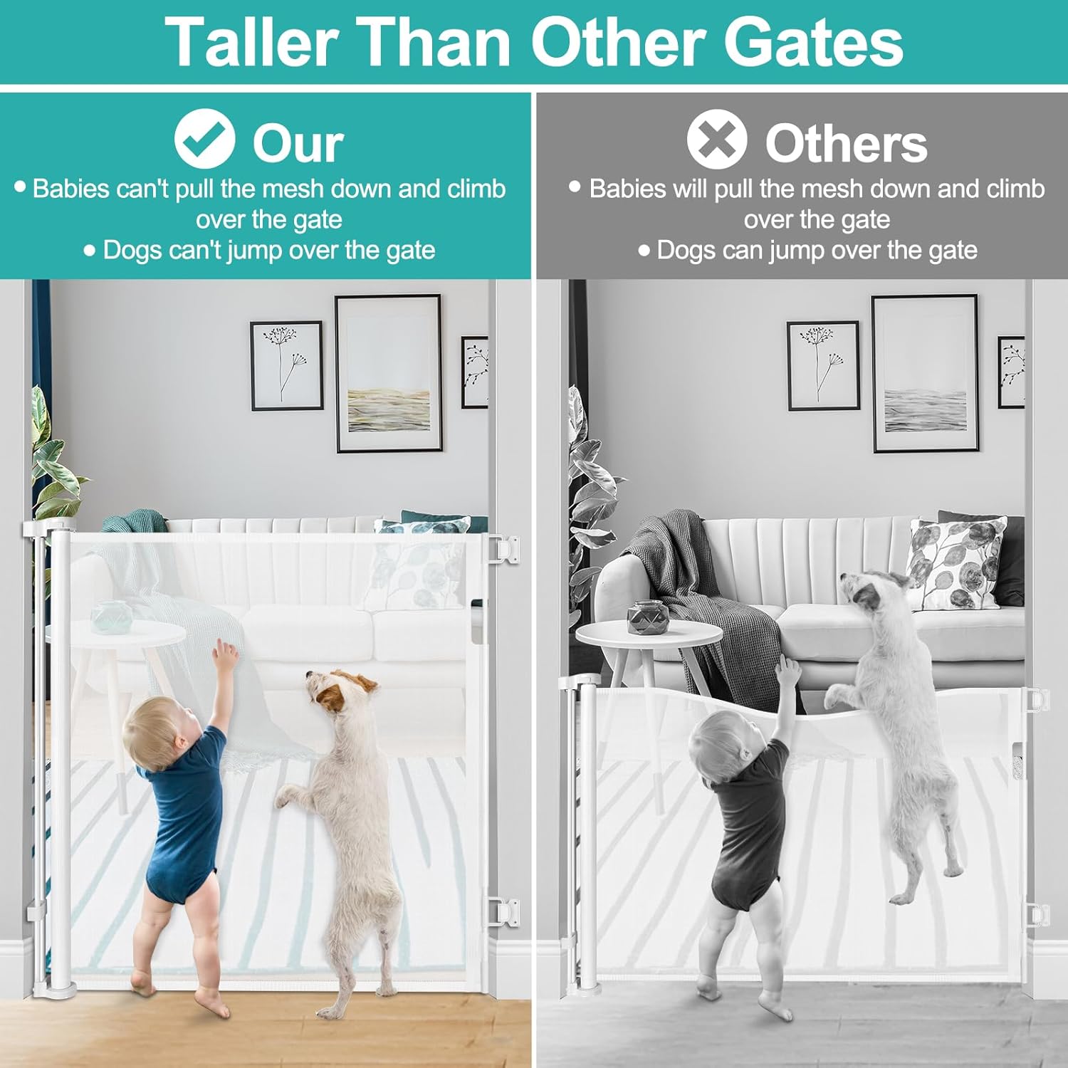 42 Inch Extra Tall Baby Gates for Doorways 55" Wide Retractable Dog Gate Indoor 3.5ft Extra Tall Baby Gates for Dogs Outdoor Retractable Gate for Stairs Prevent Kids/Pets from Jumping Over, White