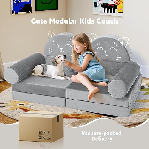 Miniatura 8 de Sofá modular de juego para niños, 13 piezas, sofá de espuma de alta densidad, muebles de sala de juegos convertibles con funda de terciopelo suave