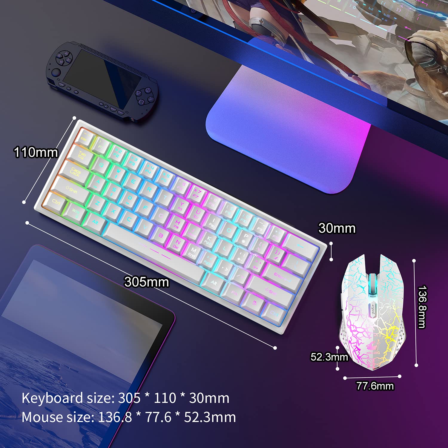 60% Kabellos Gaming Tastatur und Maus Combo Set 2,4 GHz Wiederaufladbare 3800 mAh 61 Tasten Kompakttastatur mit Rainbow LED Hintergrundbeleuchtung + 2400 DPI 6 Tasten Rainbow LED Silent Mouse (Weiß)