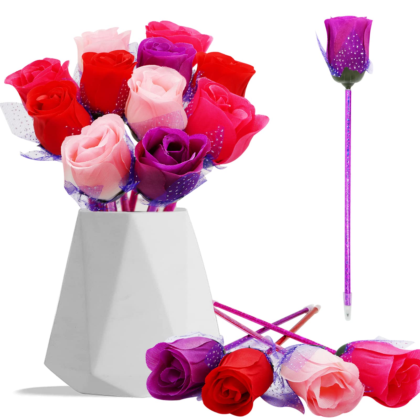 Wieat,Bolígrafos de flores de rosa, 12 unidades, bonito juego de papelería, divertidos bolígrafos de escritura, suministros escolares de oficina para niños, niñas, novia y mujer (0.7 mm, tinta azul)