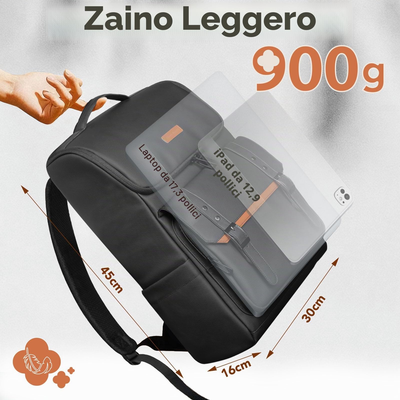 hk Zaino per Laptop da 17,3" con Design Originale per Uomo e Donna | Zaino Casual da Lavoro e da Viaggio, Impermeabile, Leggero e di Grande Capienza, Ideale per Ufficio e Università, Nero