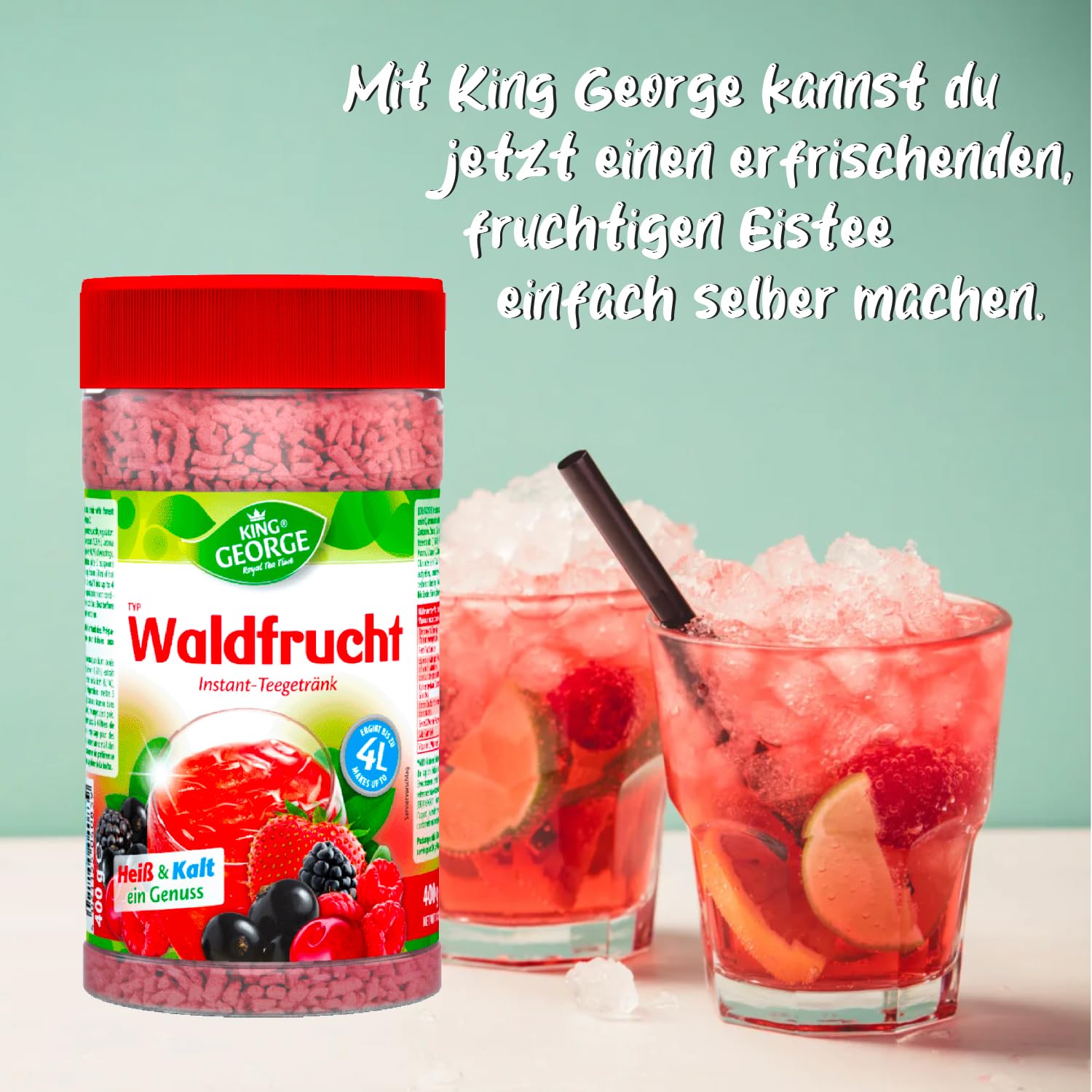 KING GEORGE - Waldfrucht napój herbaciany Instant 12 x 400 g, napój herbaciany z witaminą C – herbata na okruchy – napój w proszku, napój orzeźwiający i gasi pragnienie na lato