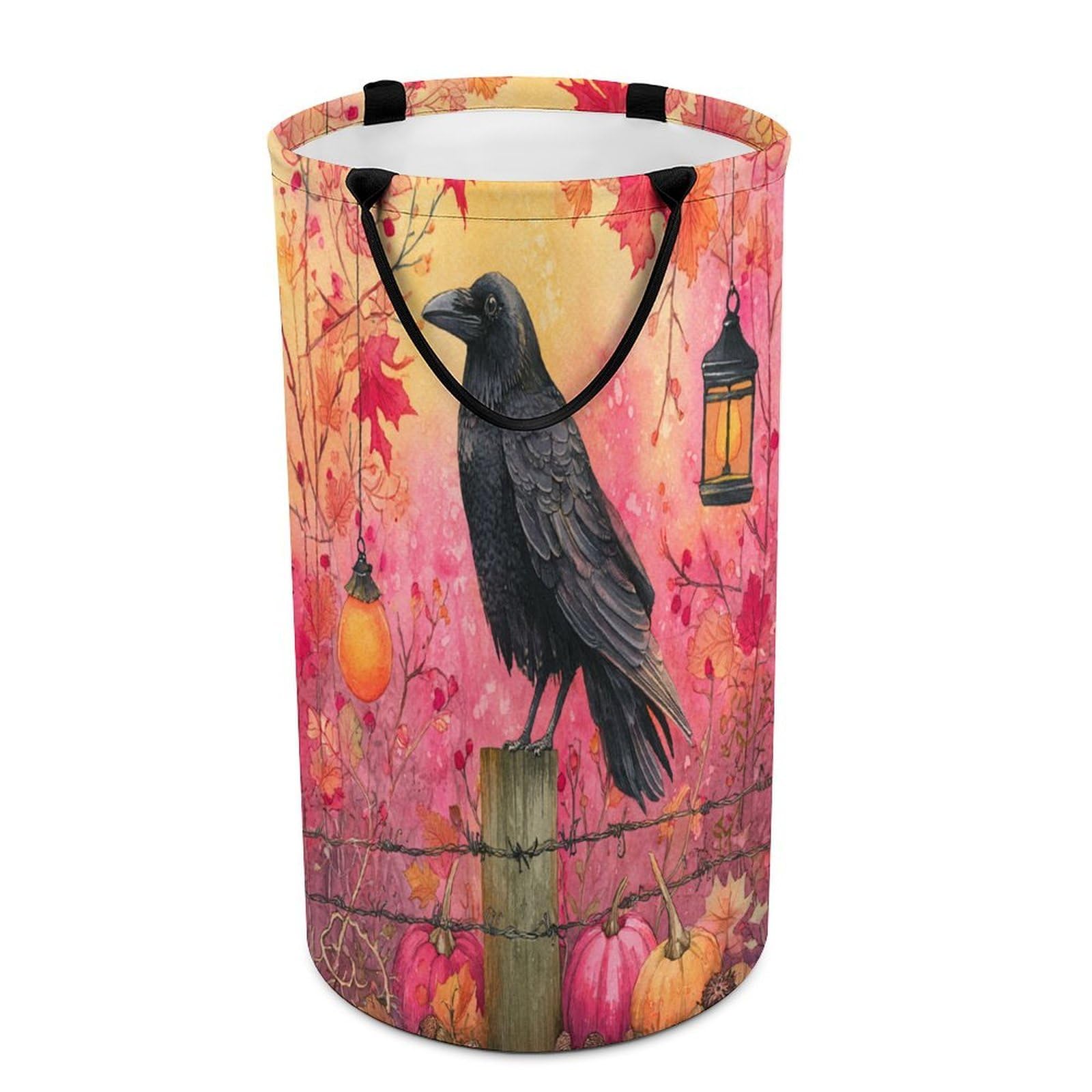LUYYSKY Rustic Abstract Black Raven Versatile Storage Laundry Basket, Retro Watercolor Halloween Plant Pumpkin Maple Leaves Animal Crow Large Bathroom Laundry Hamper With Handle-40 CM Dia, 69 CM High