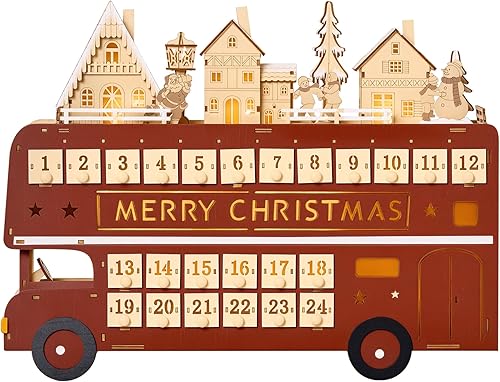 HOMCOM Calendario de Adviento de Navidad, mesa iluminada, decoración navideña de autobús de madera con cajón de cuenta regresiva, casa de calle de