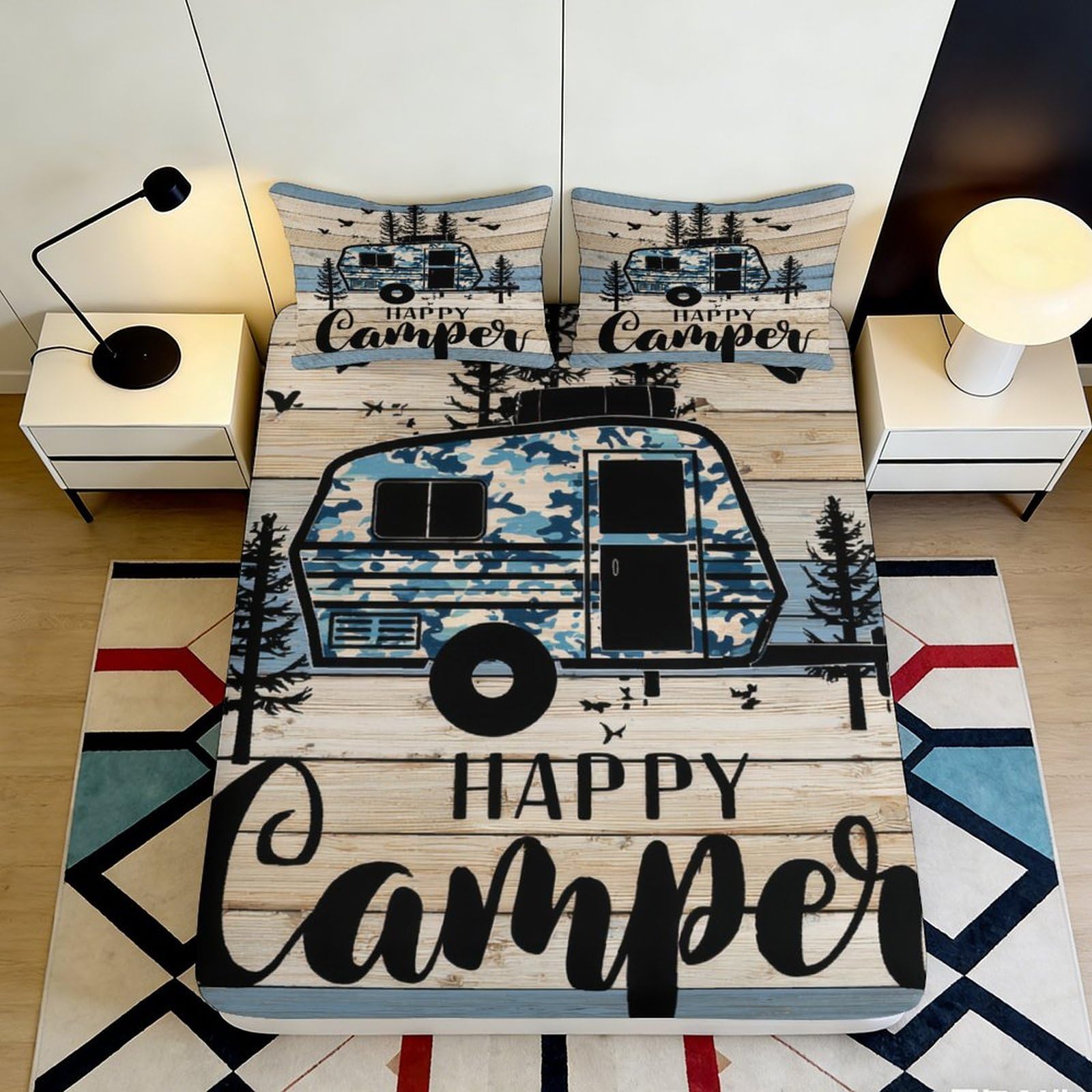 3D Printed Camper Trailer Fitted Sheet Microfiber Soft Durable Rustic Wood Bed Cover for Bedroom Dormitory Guest Room Mattress Protection 120x200x25cm